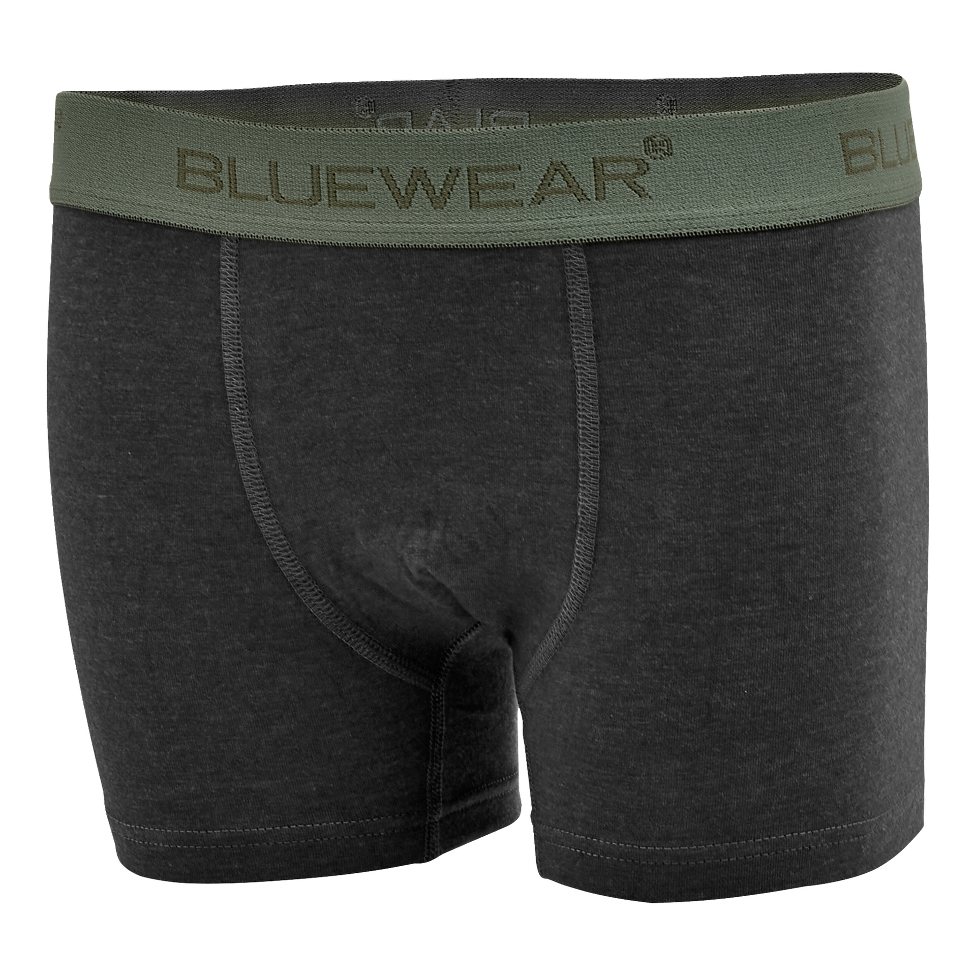 Mörkgrå boxershorts med grönt elastiskt midjeband med varumärket BLUEWEAR i stora bokstäver. Tyget upplevs som mjukt och följsamt.