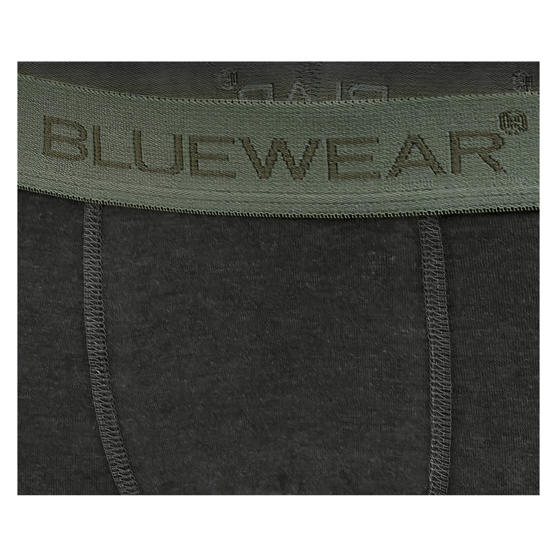 Närbild av mörkgrå underkläder med synliga sömmar och grön linning med varumärket BLUEWEAR i stora versaler.