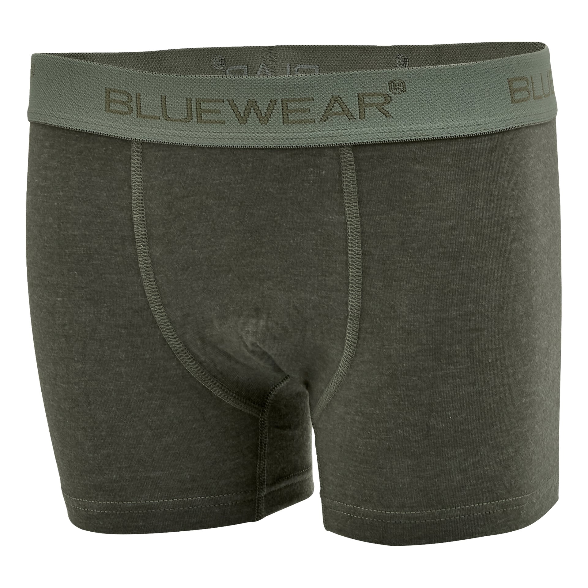 Ett par enfärgade mörkgröna boxerkalsonger med bred midjeresår och varumärket BLUEWEAR i grå text. Tyget ser ut att vara mjukt och stretchigt.