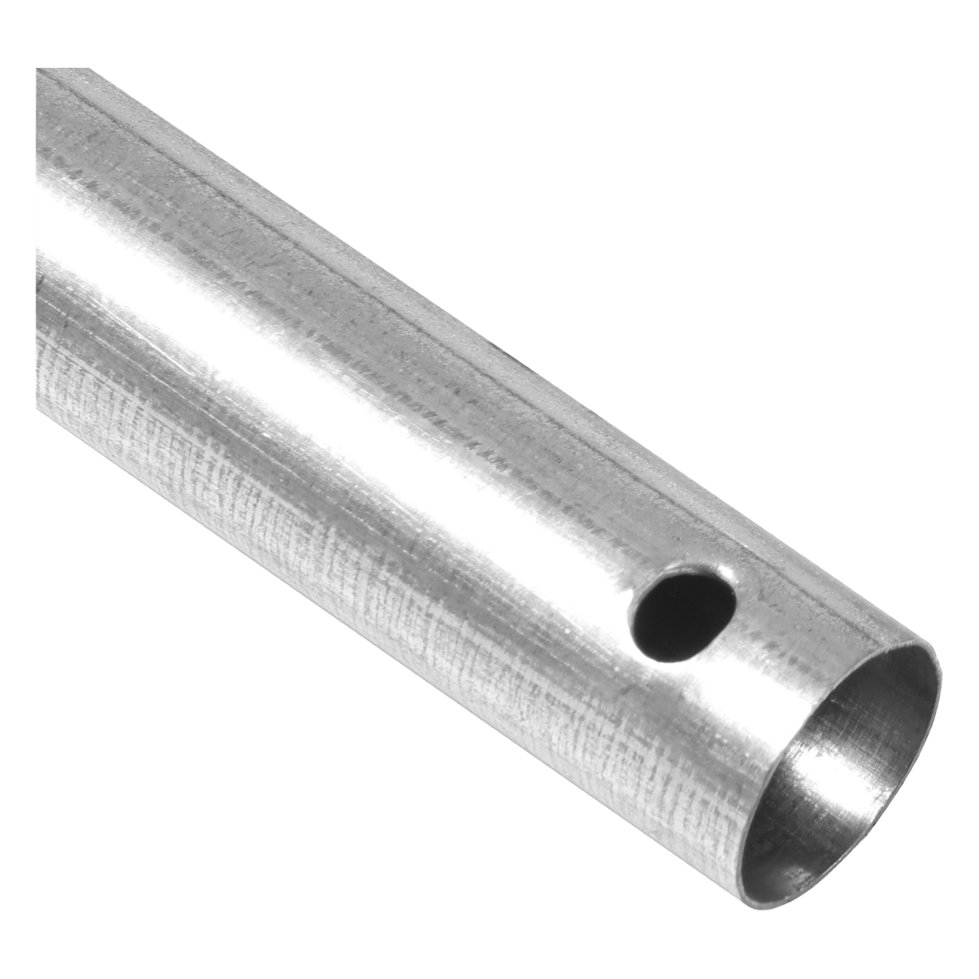 Närbild av Stålstolpen tunnelväxthus nr 7 framhäver dess blanka cylindriska metallrör med ett litet hål nära ena änden.