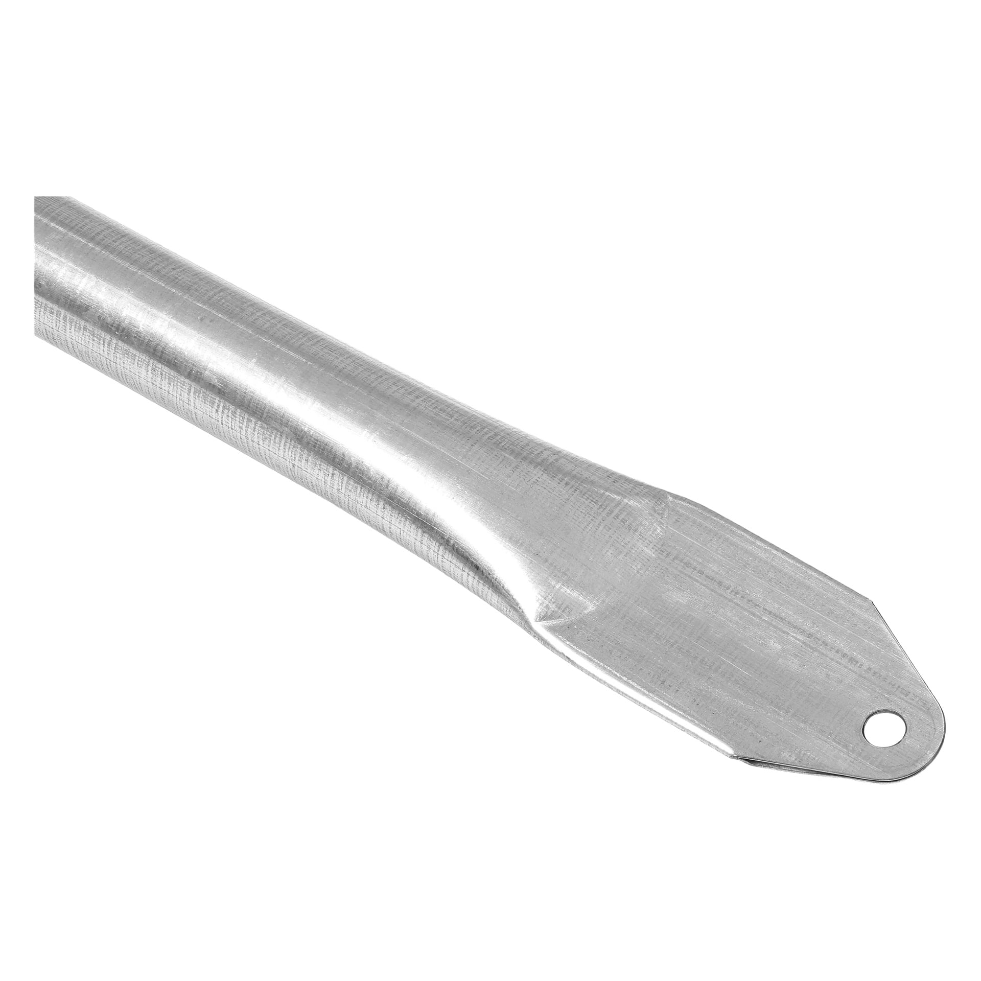 Närbild på stålstag nr 8+8A tunnelväxthus med platt ände, hål nära spetsen och en texturerad, polerad metallyta.