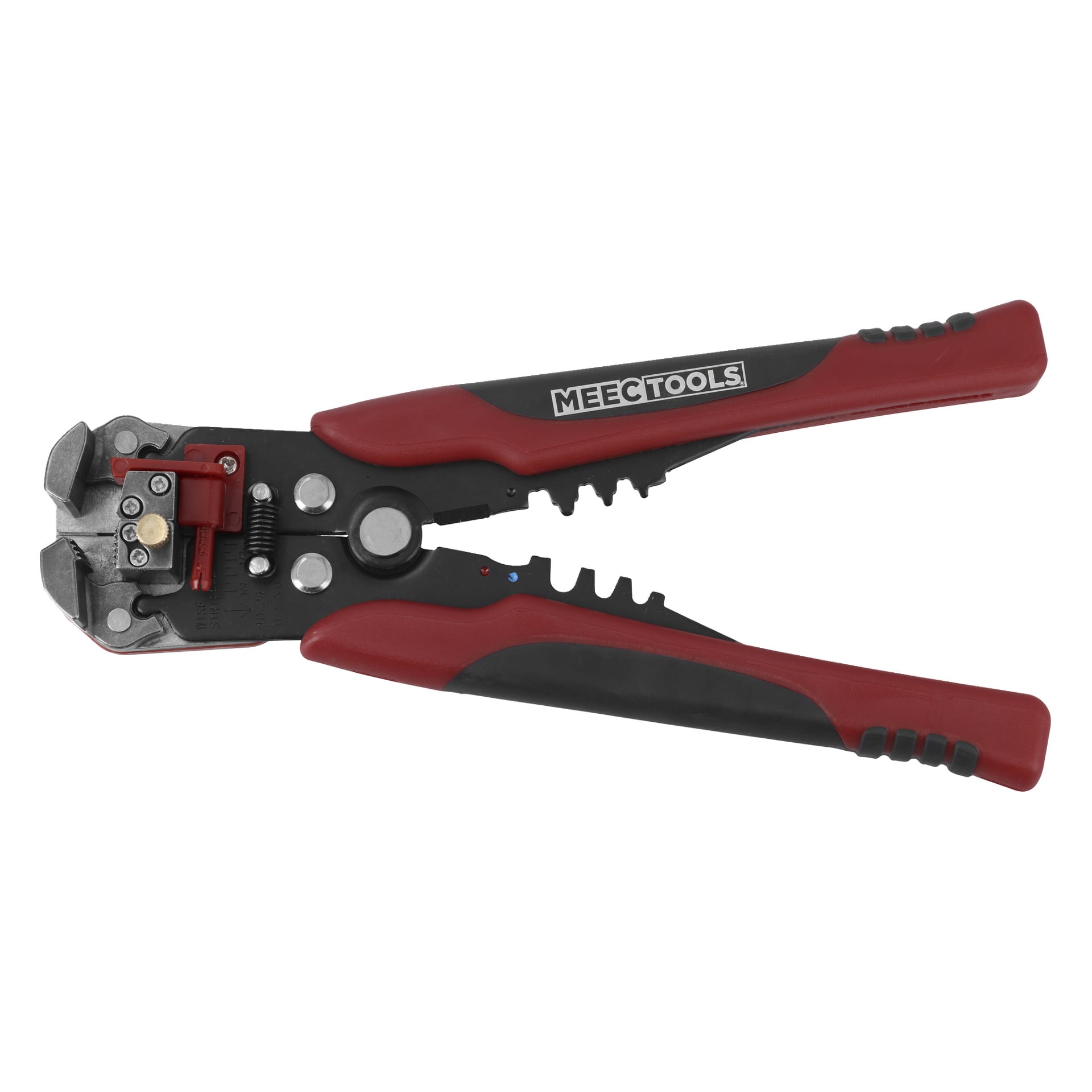 Et par røde og svarte avisoleringstang med MEEC TOOLS-merke på håndtaket, med justerbare komponenter og hakkede kniver for kutting og avisolering av ledninger.
