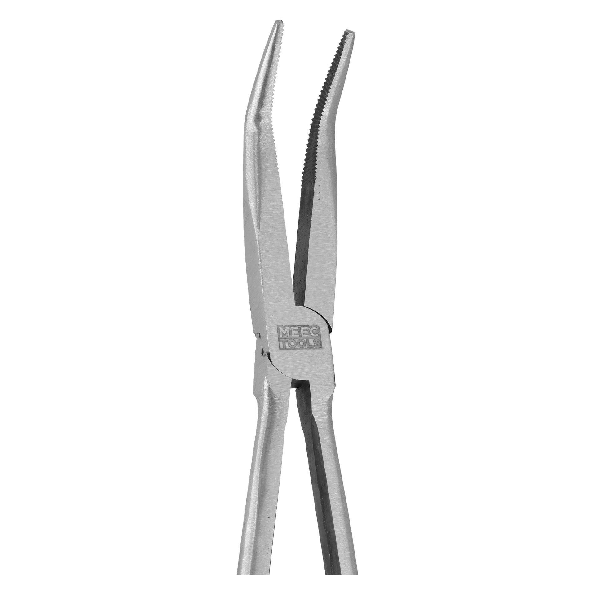 Nåltång av metall med tandade käftar, mot en vit bakgrund. Handtagen är i linje och vridleden är märkt med MEEG TOOLS.