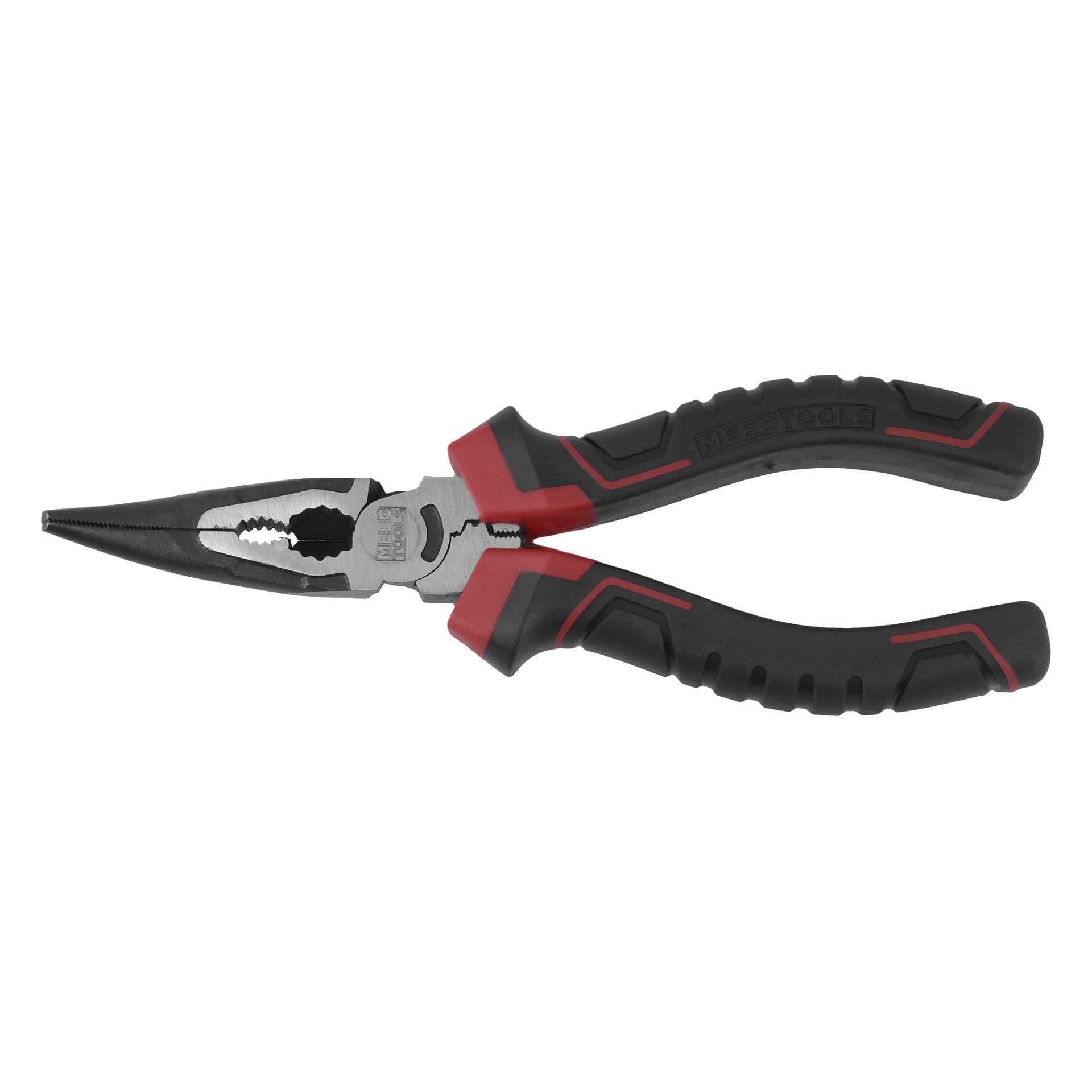 Meec Tools böjda nästånger med svarta och röda gummihandtag och en metallgreppyta.