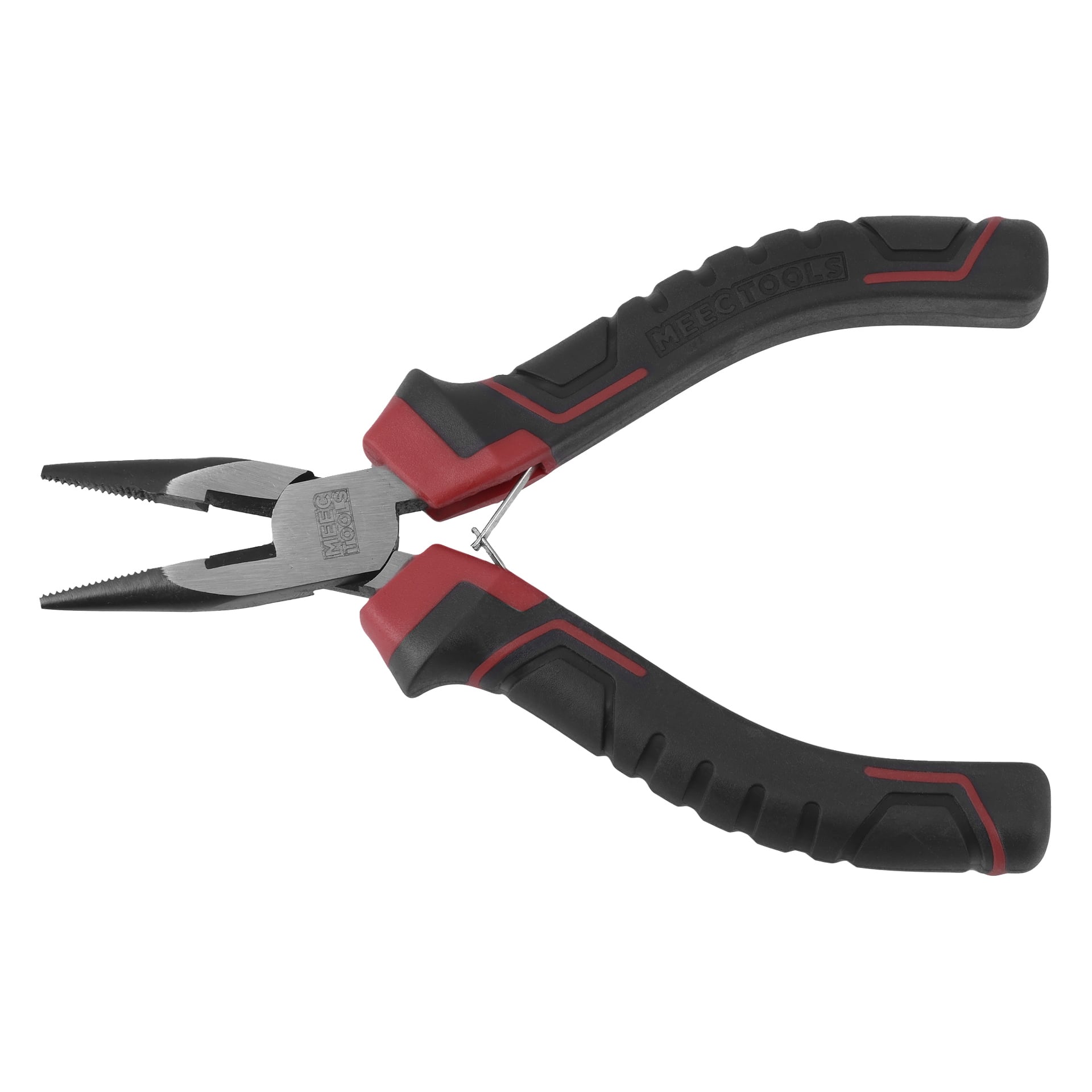 Ett par nåltänger med svarta och röda ergonomiska handtag och en silverfärgad metallback, mot en vit bakgrund.