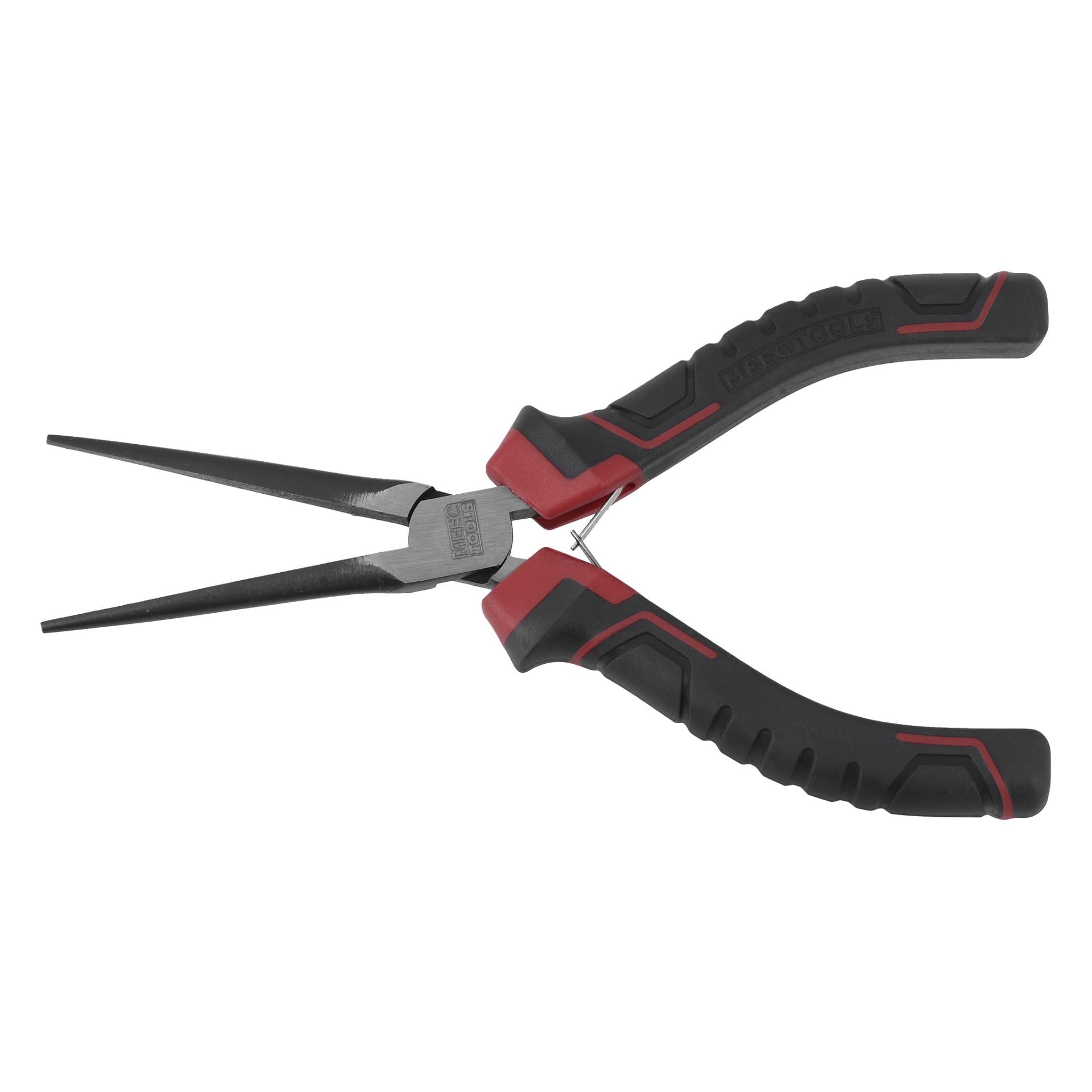 En långnäbbad tång med svarta och röda gummibelagda handtag mot en vit bakgrund. Tången är sluten, med spetsiga metallbackar och ergonomiska grepp.