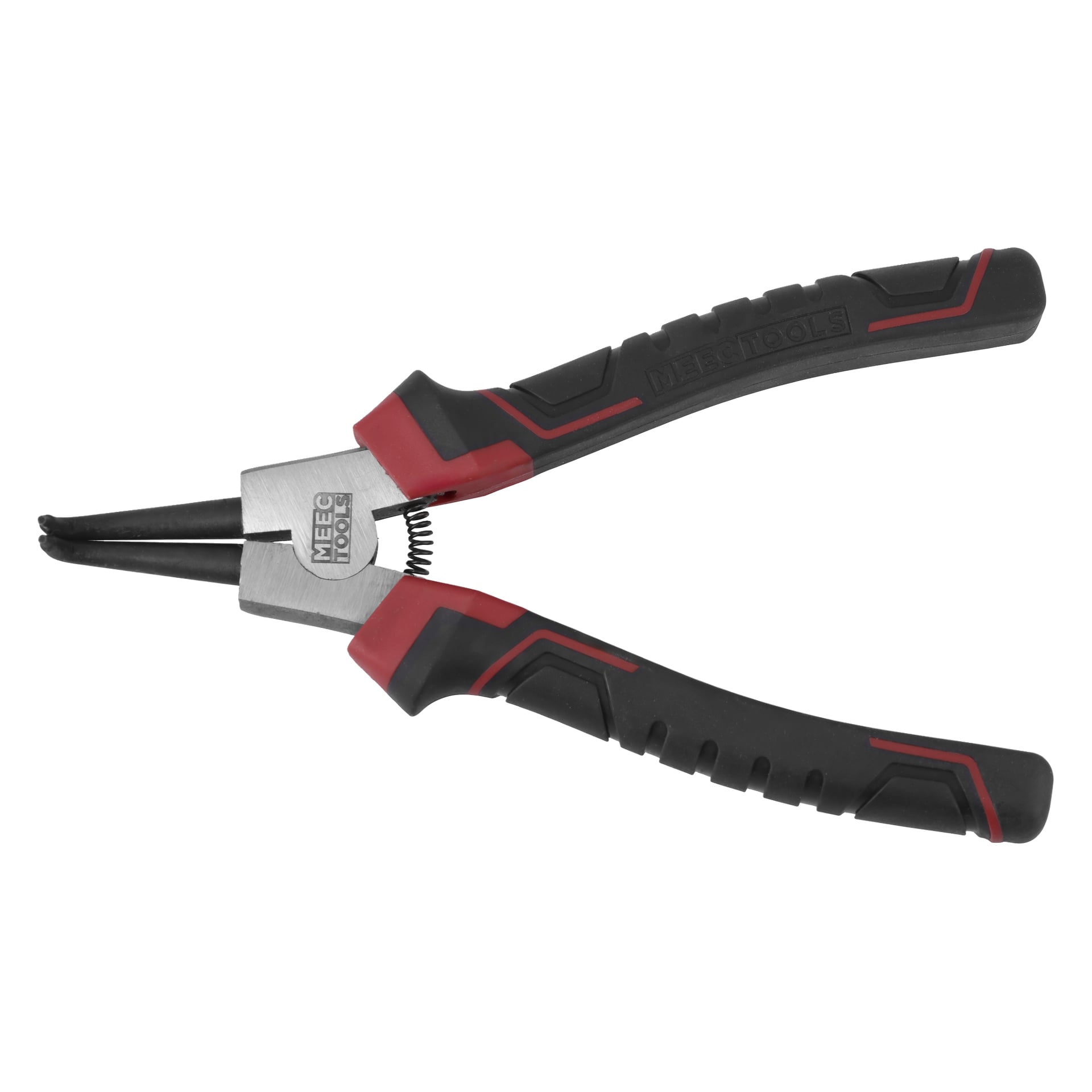 En tång med svart och rött handtag med en MEEC TOOLS-logotyp på metallkroppen och en synlig fjädermekanism mellan handtagen.