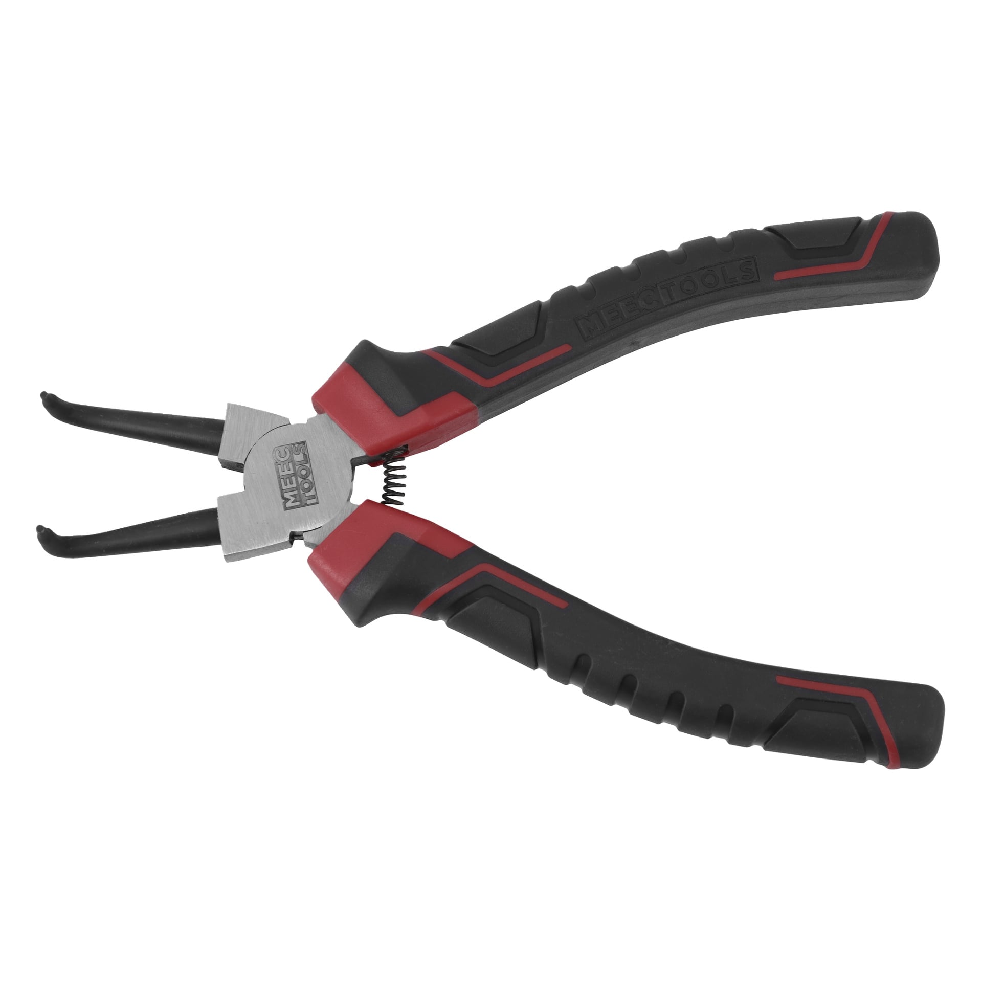 En svart och röd låsringstång med böjda spetsar och gummerade handtag mot vit bakgrund. Handtagen är märkta MEC TOOLS och mellan dem syns en liten fjäder.
