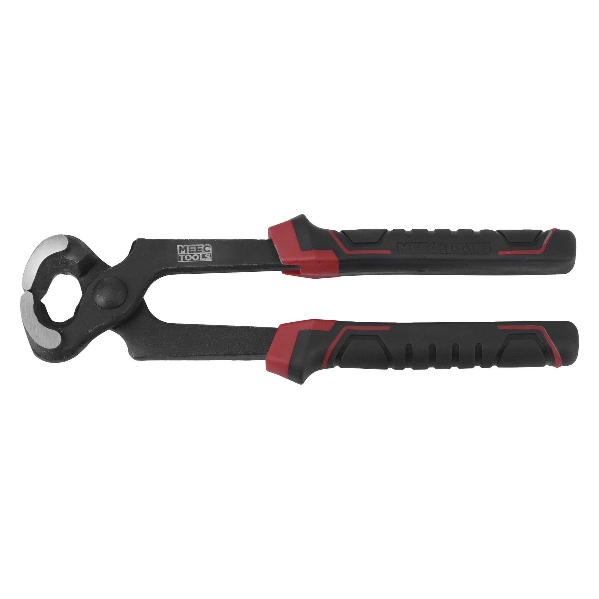 Meec Tools klor med rundade skärkäft och svart-röda handtag; Meec Tools logotyp syns på metallen nära leden.