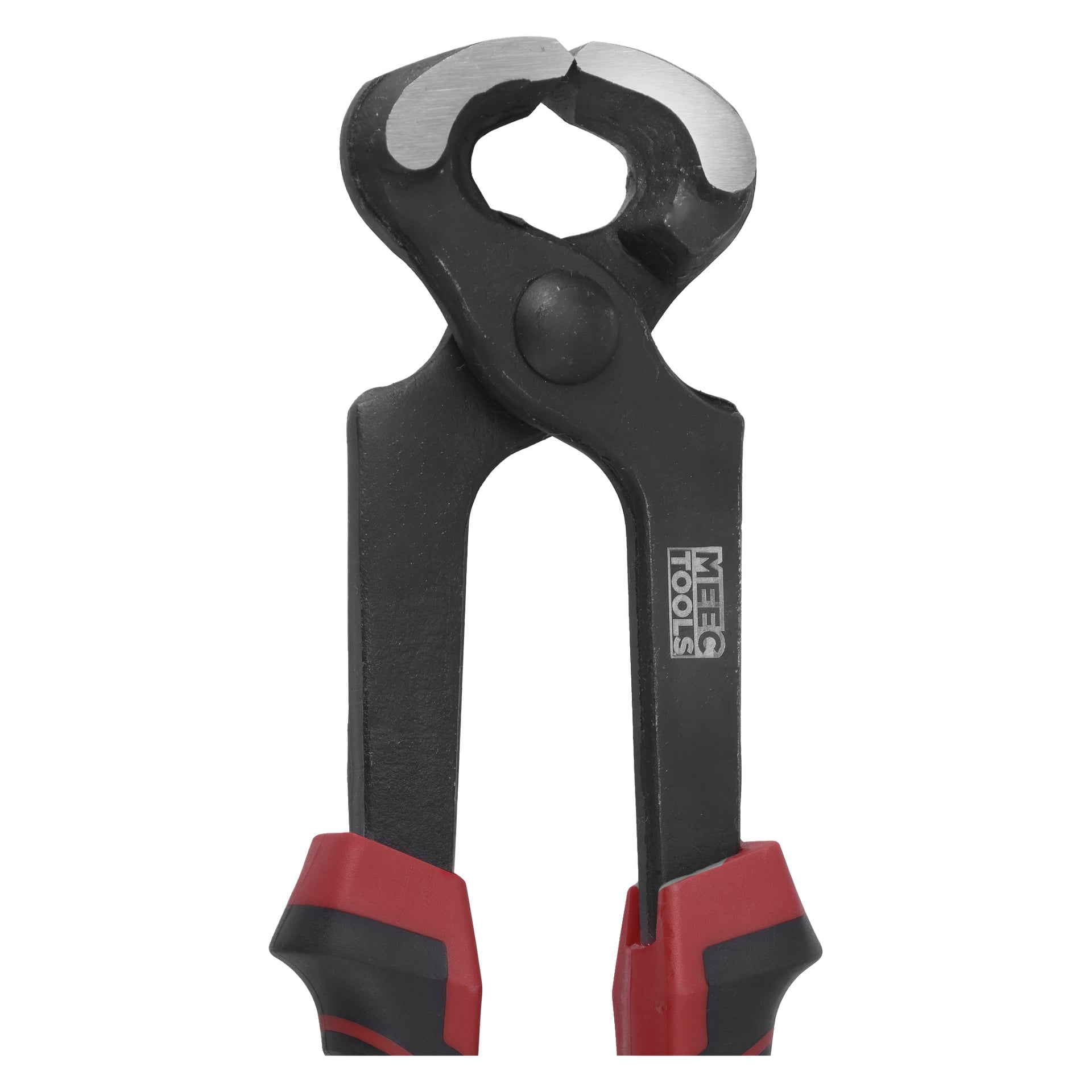 Närbild av en ändavbitartång med svarta metallbackar och röd-svarta gummihandtag. Varumärket MEEG TOOLS syns på sidan av det ena handtaget.