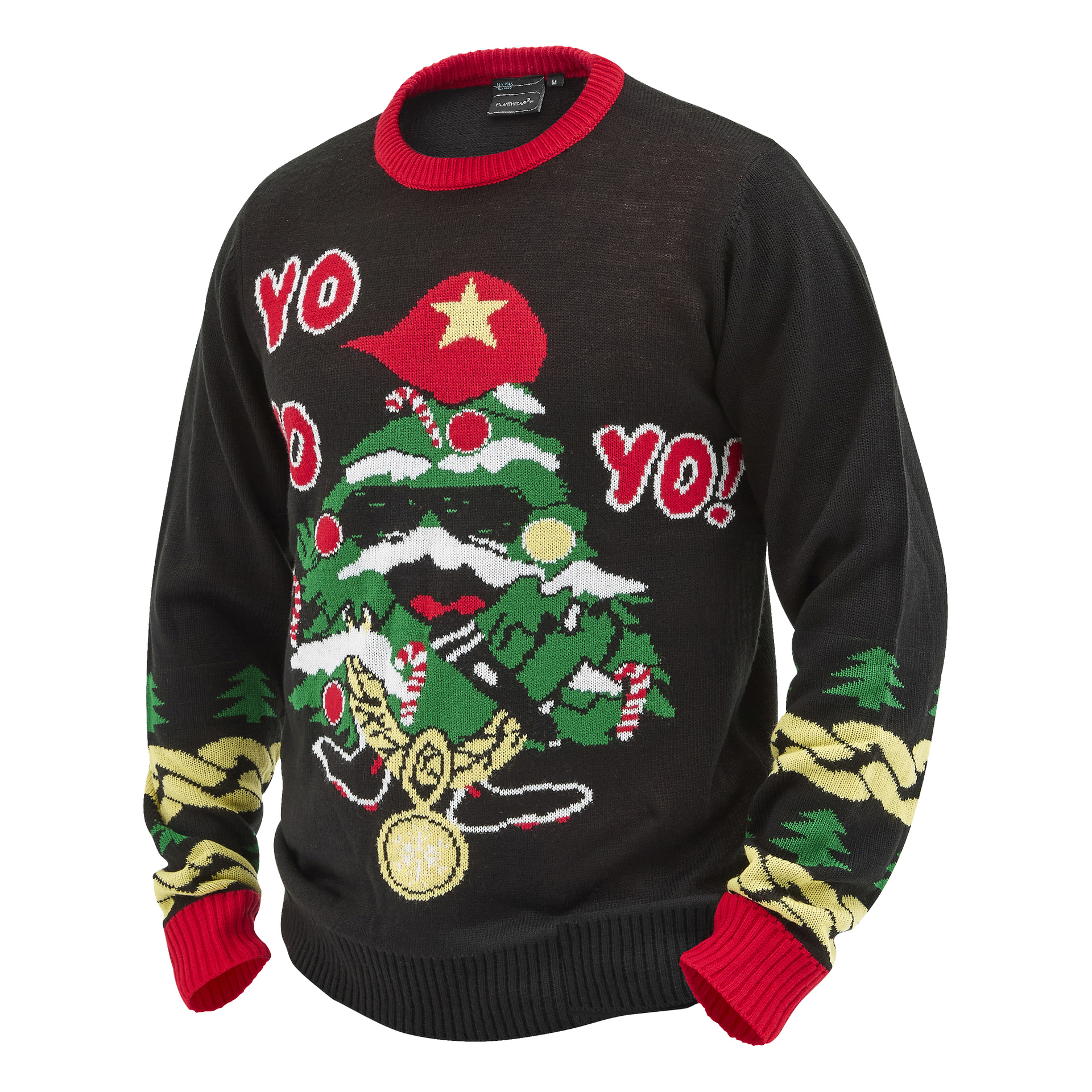 En svart tröja med röd krage och ärmslut har en dekorerad julgran med solglasögon, röd mössa och guldkedja, texten YO YO YO! samt mönster av polkagrisar och julgranar på ärmarna.