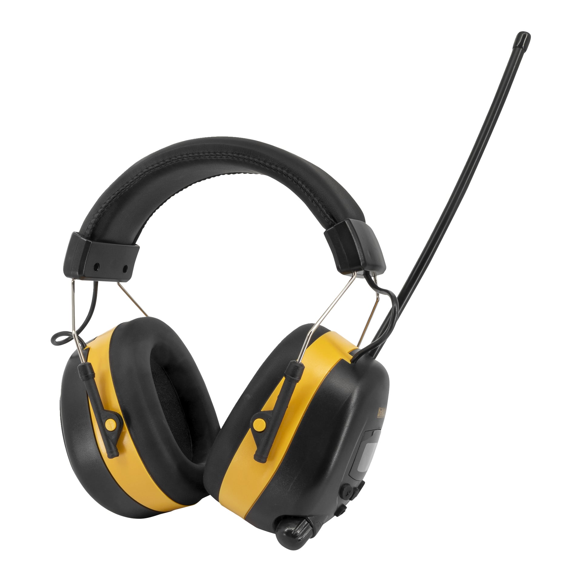 Et par sorte og gule over-ear-hodetelefoner i øreklokker-stil med en påmontert lang antenne og innebygde kontrollknapper, designet for støyreduksjon og muligens radiofunksjonalitet.