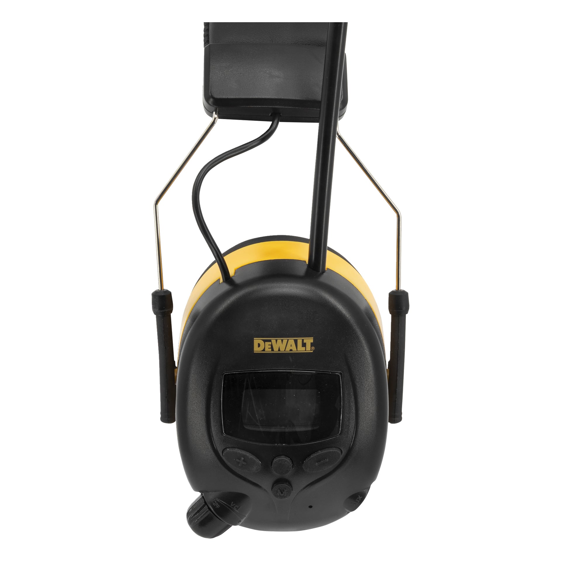 Et par DeWalt hørselvernhodetelefoner i øreklokke-stil med radio og digitalt display, vist ovenfra mot en hvit bakgrunn.