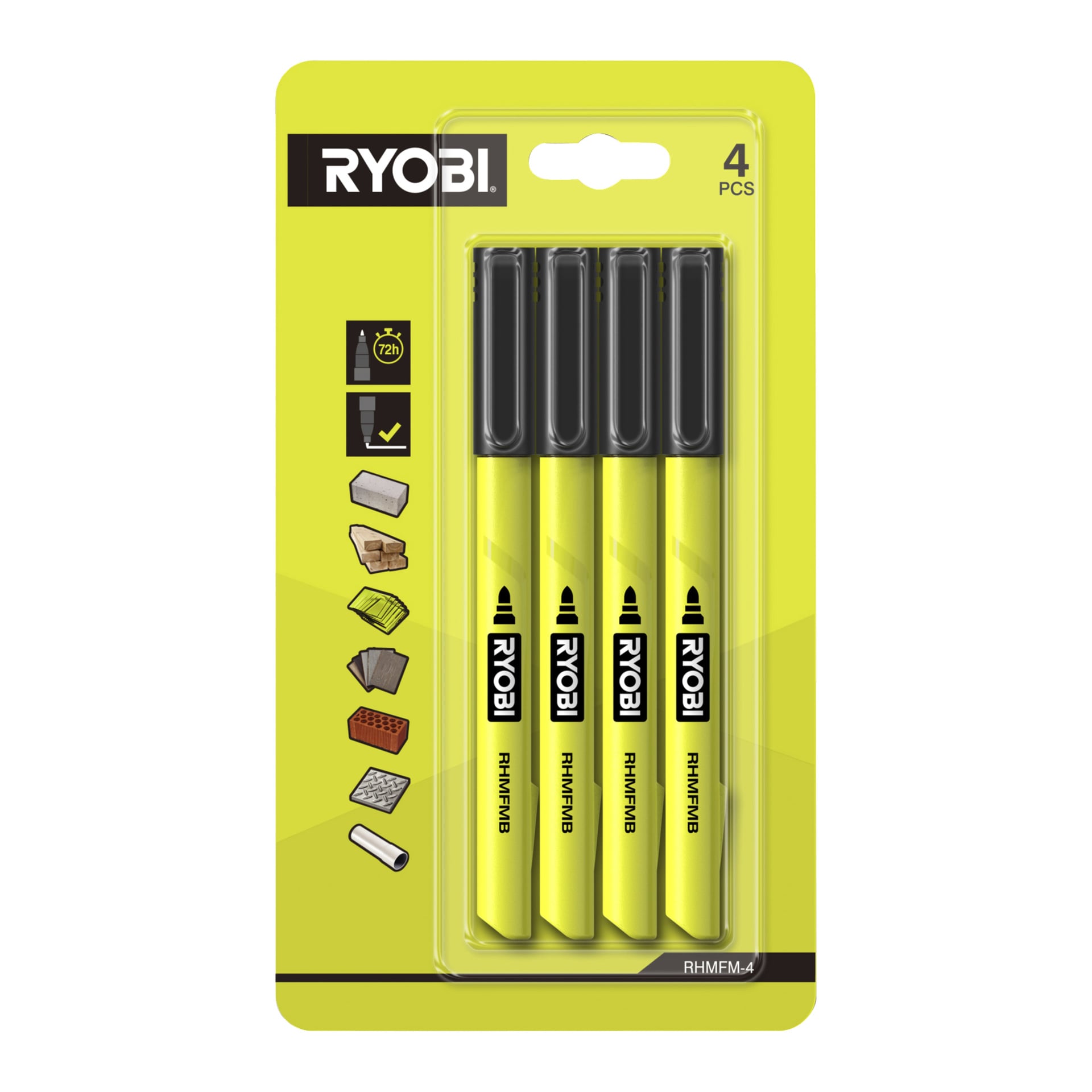 Ryobi RHMFM-4 set med fyra svarta markörer med gula kroppar i genomskinlig förpackning, märkta för användning på olika ytor.