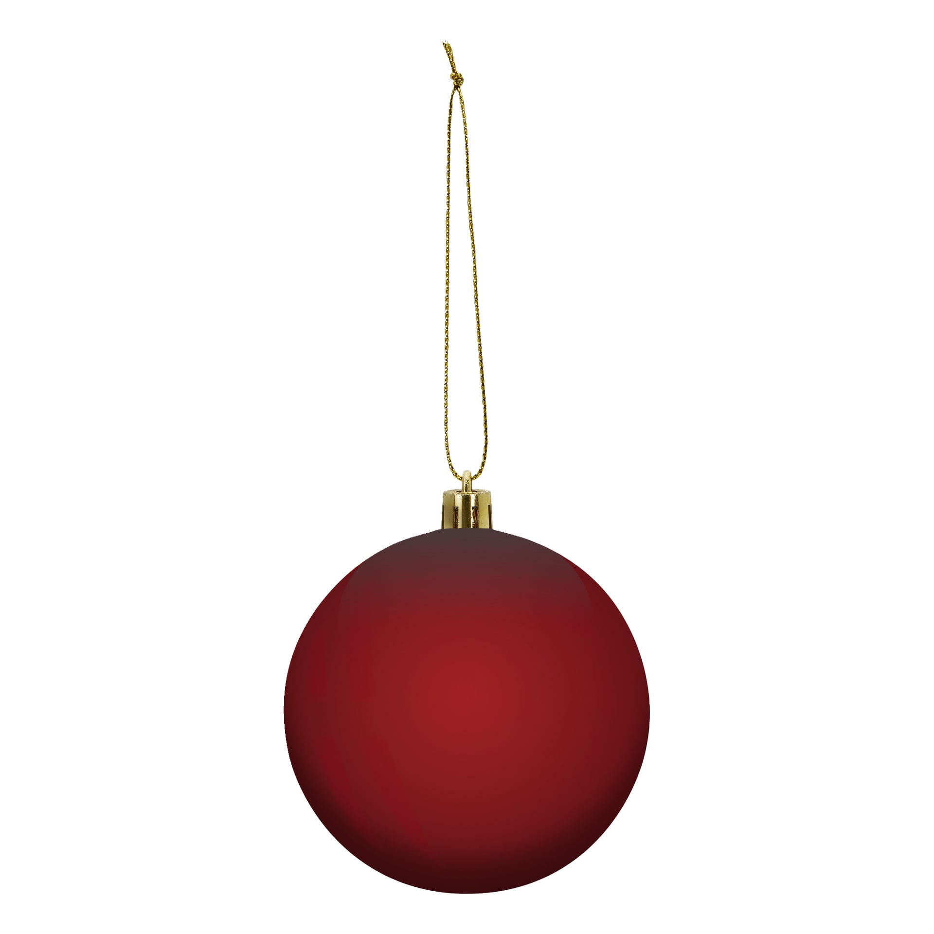 En enda matt röd julkula från EKVIP Christmas tree balls 42-packet, med en guldfärgad mössa och ögla, hänger i ett tunt guldsnöre.