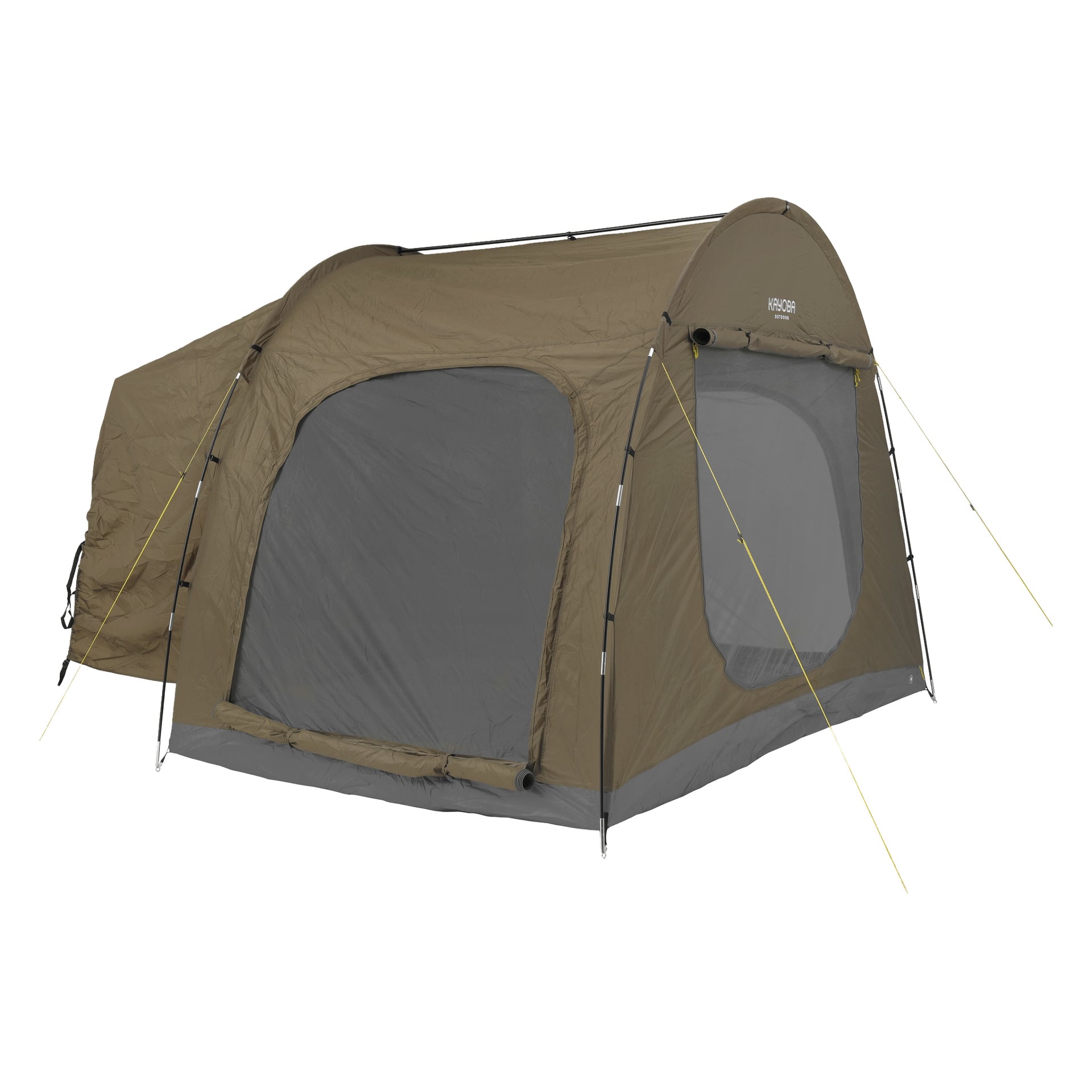 Et stort, brunt, rektangulært campingtelt med nettingvinduer, topptak og gule barduner i hjørnene. Teltet er satt opp på en hvit bakgrunn.