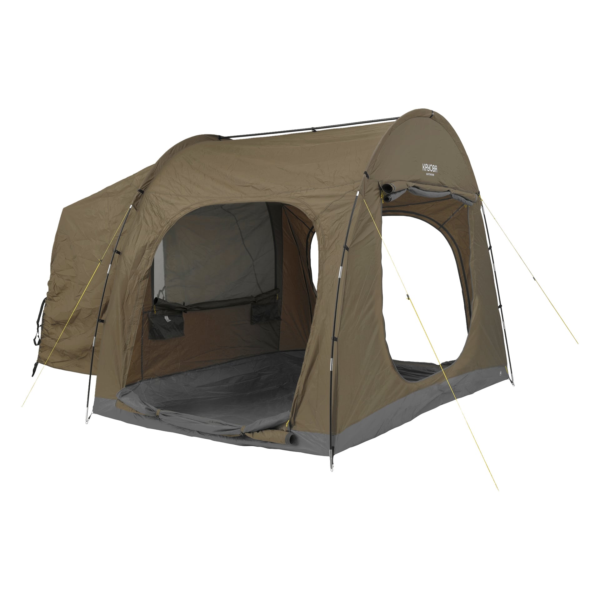 Et brunt, frittstående campingtelt med åpne front- og sidedører, nettingvinduer og barduner for å feste det til bakken. Teltet har en rektangulær form og et hevet, kuppelformet tak.