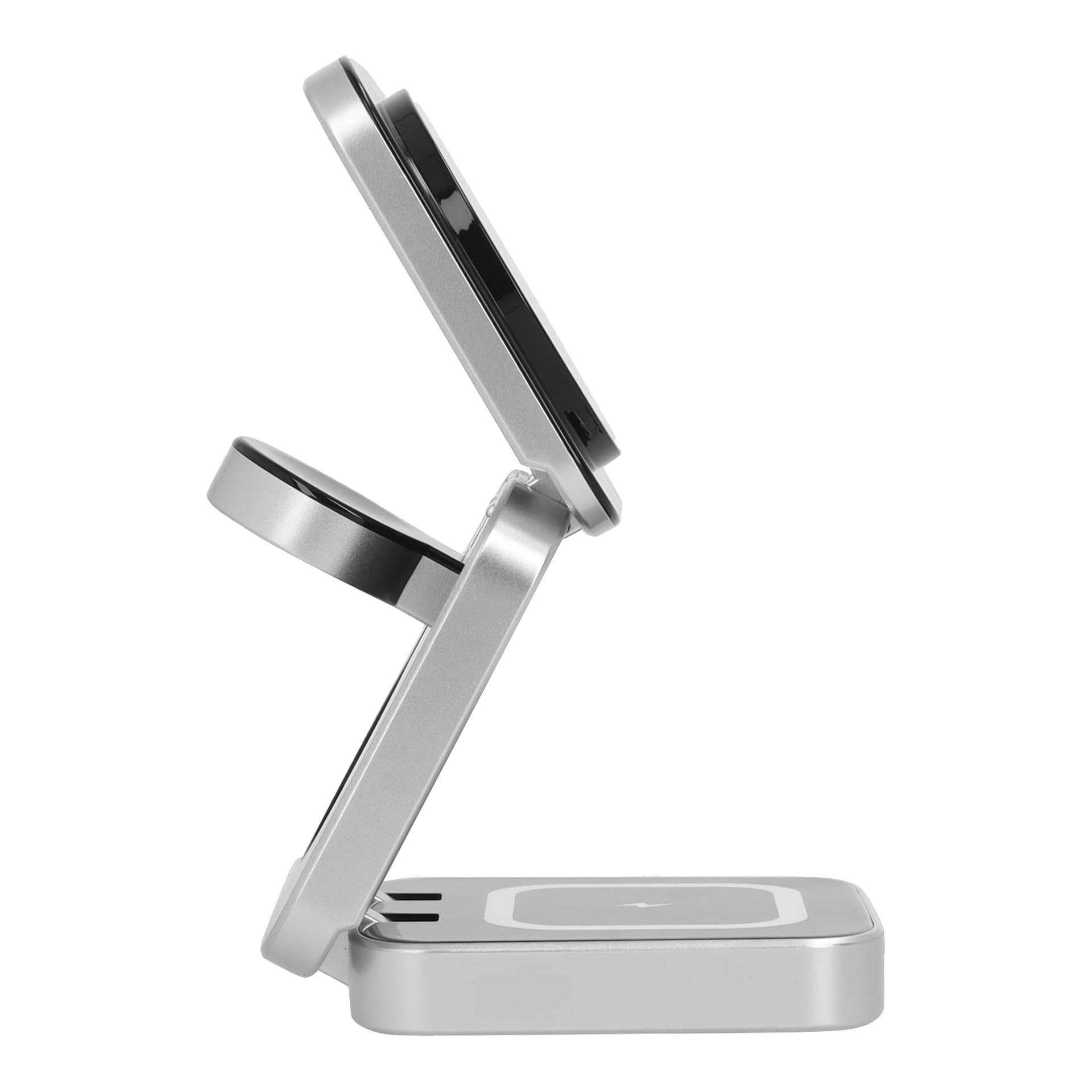 Eine faltbare kabellose Ladestation aus Metall mit drei vertikal angeordneten Plattformen, die mehrere Geräte wie ein Telefon, eine Smartwatch und Ohrhörer gleichzeitig aufladen kann.
