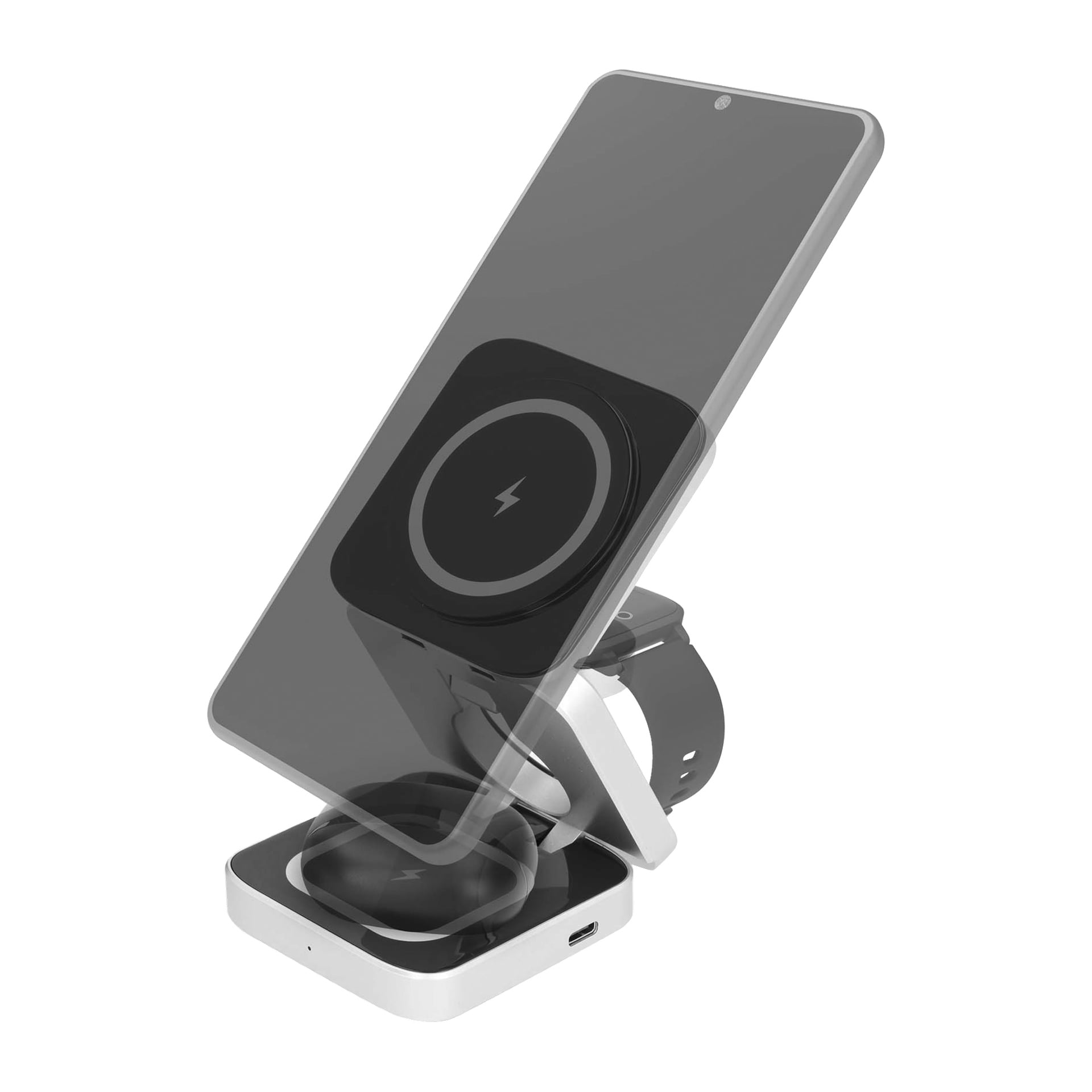 Eine kabellose Ladestation, auf der ein Smartphone, eine Smartwatch und kabellose Ohrstöpsel zum Aufladen positioniert sind. Die Basis hat einen USB-C-Ladeanschluss. Das Design ist modern und kompakt.