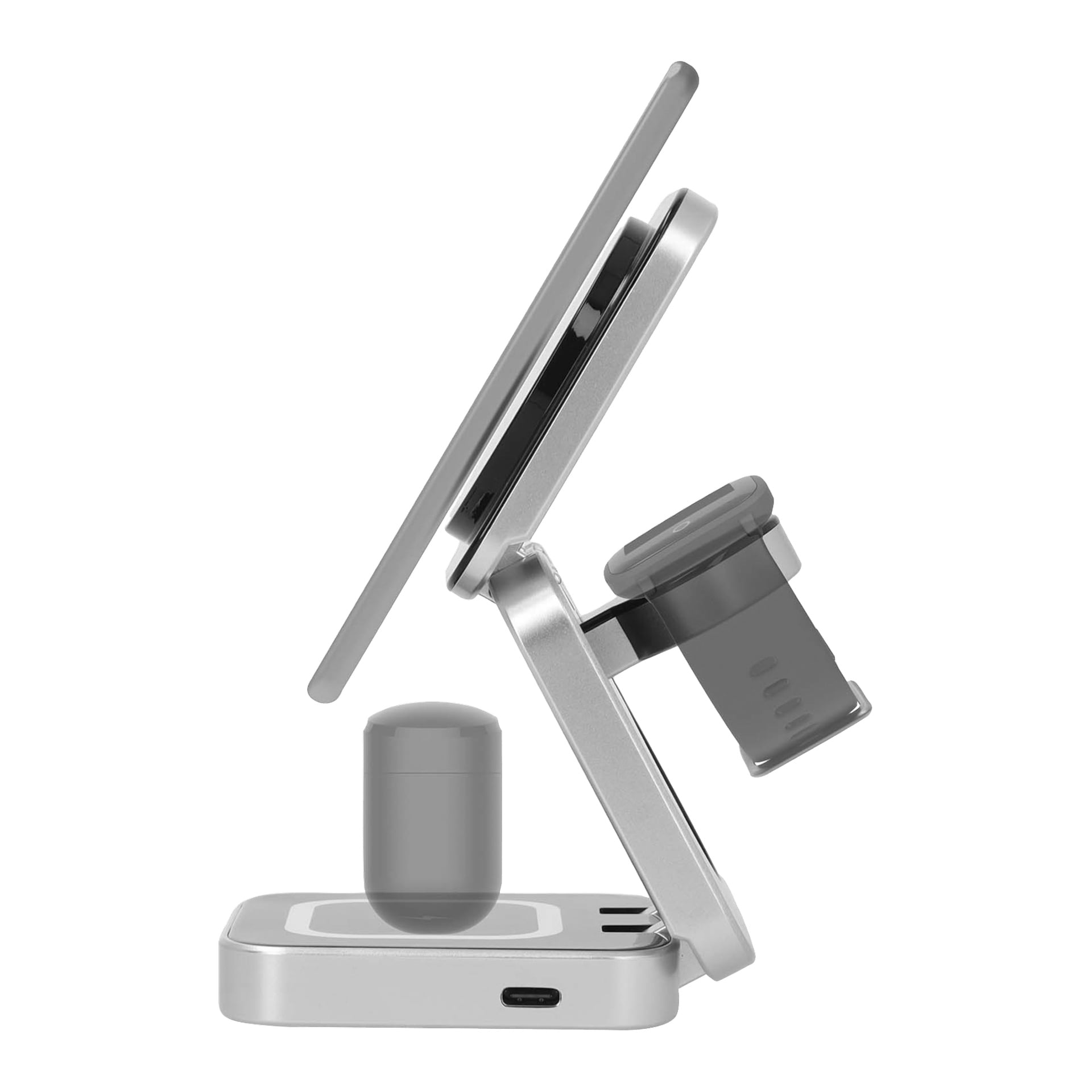 Et sølvfarget ladestativ for flere enheter vist fra siden, med plass til en smarttelefon, en smartklokke og trådløse ørepropper. Stativet har en USB-C-ladeport i bunnen.
