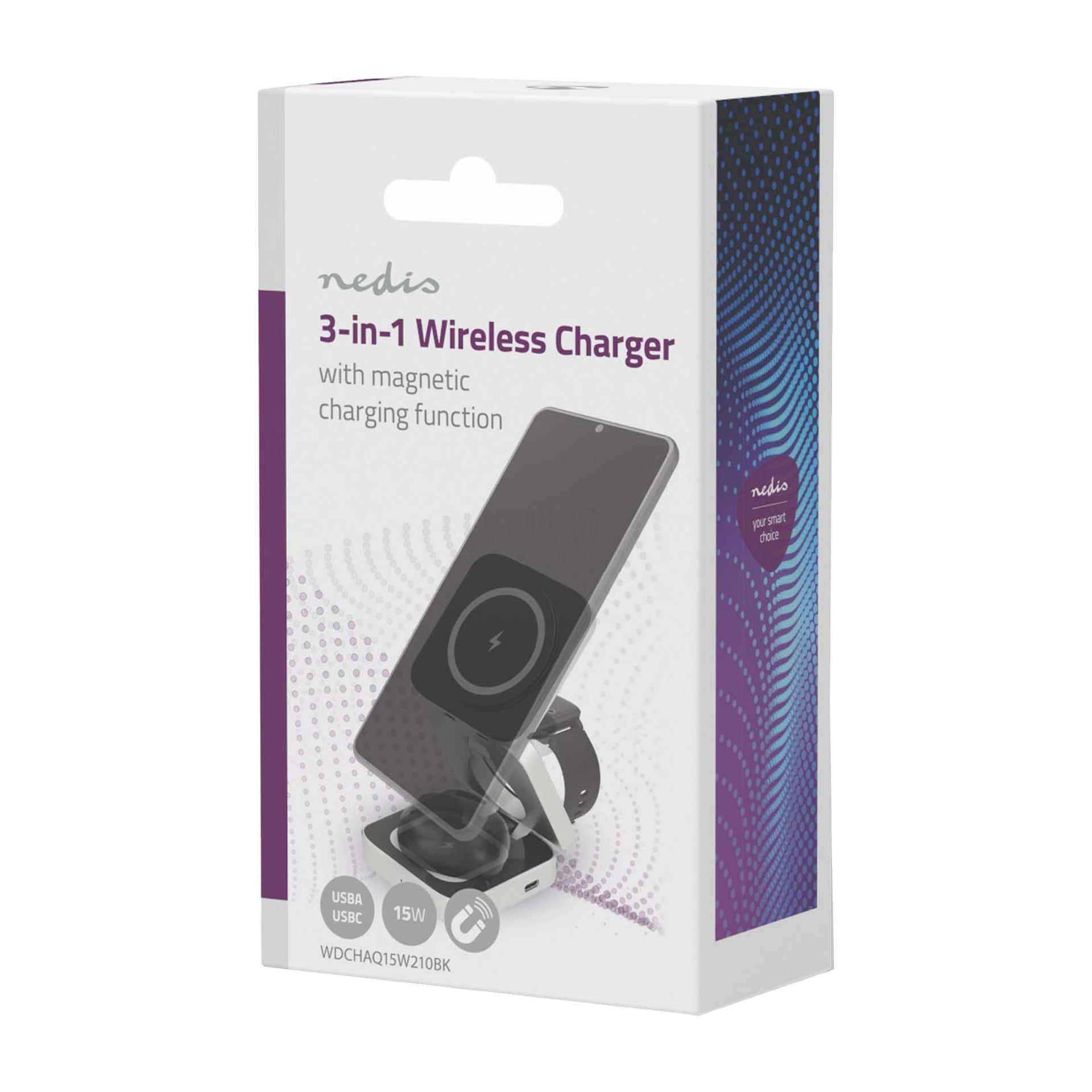 Abgebildet ist eine Verpackung für ein Nedis 3-in-1 Wireless Charger mit magnetischer Ladefunktion. Die Verpackung zeigt ein Bild eines Telefons, einer Smartwatch und von Ohrhörern auf dem Ladegerät. Der Text weist auf einen 15-W-USB-C-Ausgang hin.