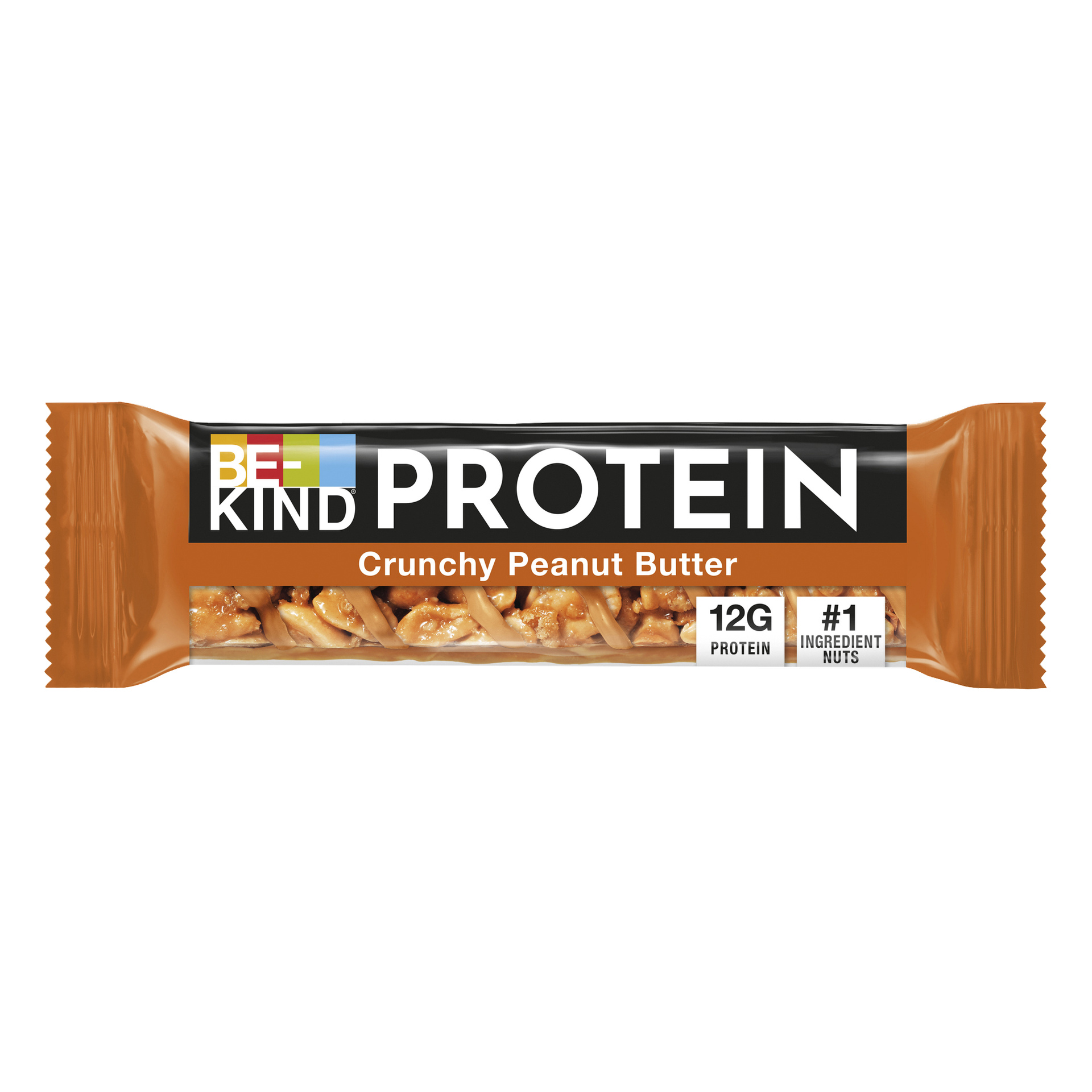 BE-KIND PROTEIN bar i smaken Crunchy Peanut Butter, med synliga jordnötter, märkt med 12 gram protein och med påståendet om nötingrediens nr 1 på förpackningen.