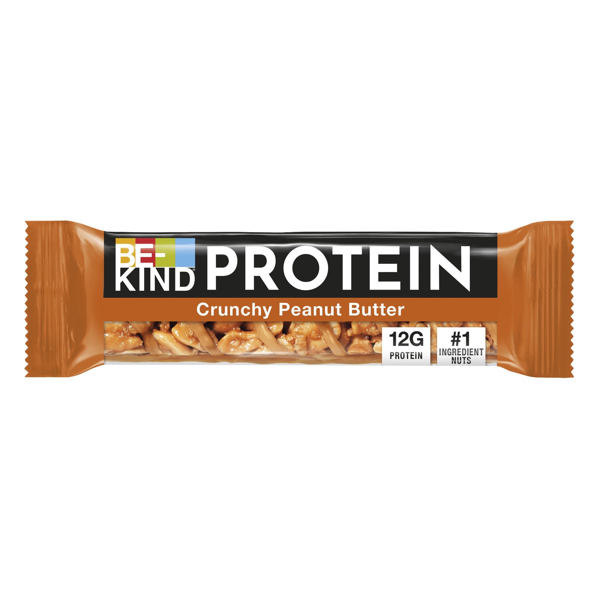 BE-KIND PROTEIN bar i smaken Crunchy Peanut Butter, med synliga jordnötter, märkt med 12 gram protein och med påståendet om nötingrediens nr 1 på förpackningen.