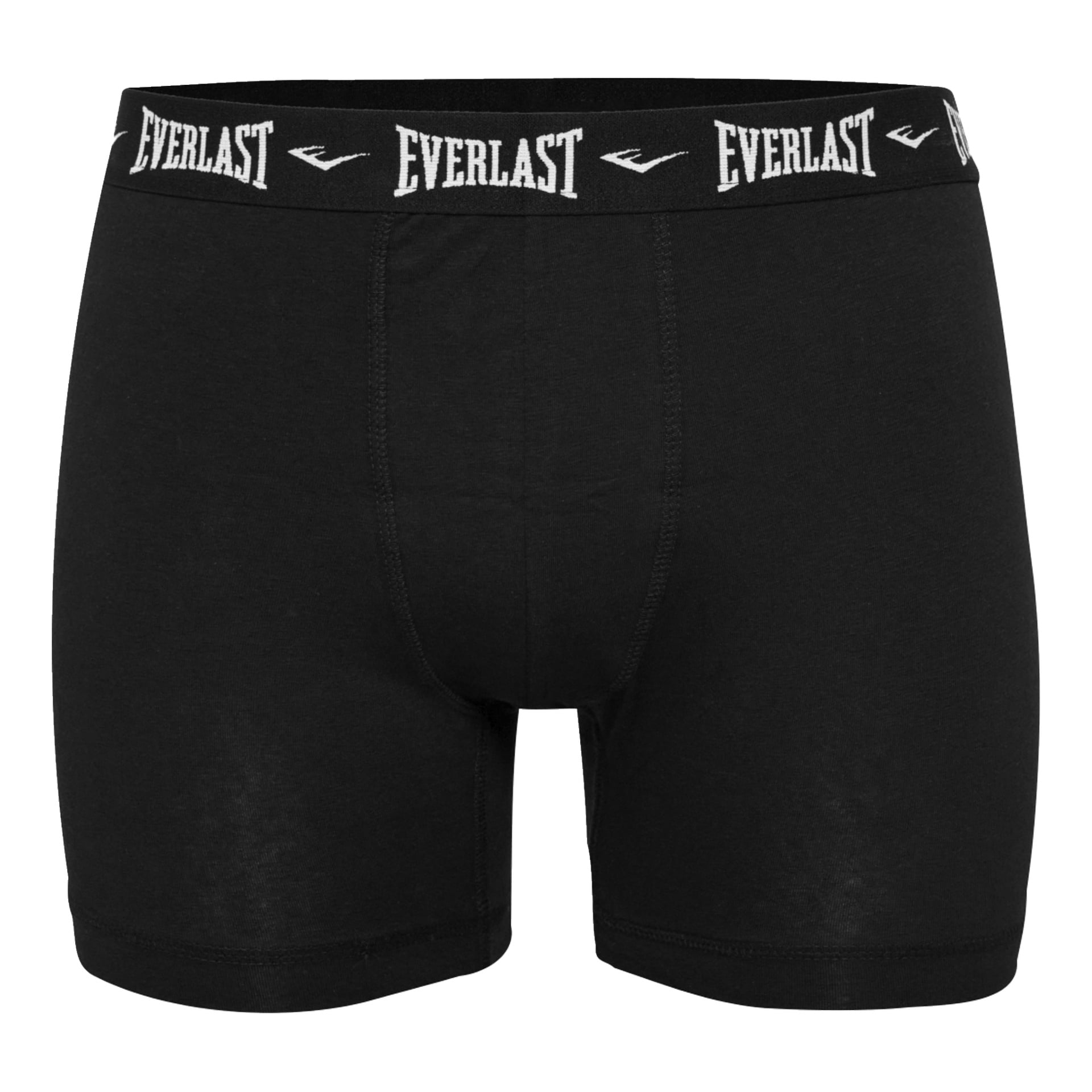 Ett par svarta boxershorts med den vita Everlast-logotypen upprepad i midjebandet. Underkläderna ligger platt mot en vit bakgrund.