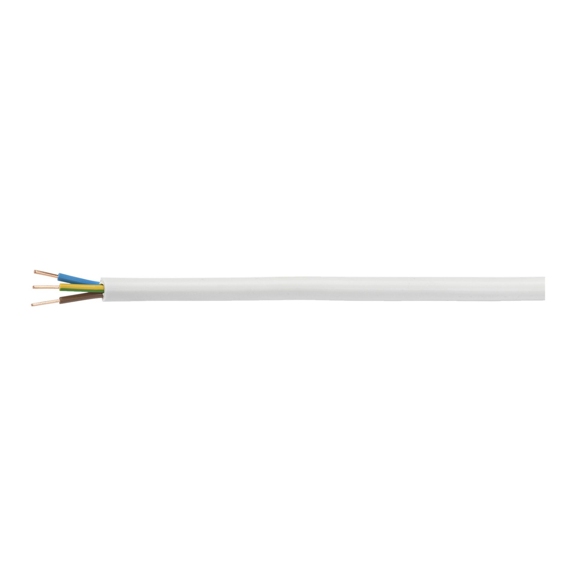 Biały kabel elektryczny z izolacji PVC z AKS Zielonka, którego koniec jest odstroniony, odsłaniając trzy wewnętrzne przewody miedziane, każdy owinięty niebiesko, żółto-zieloną i brązową izolacją.