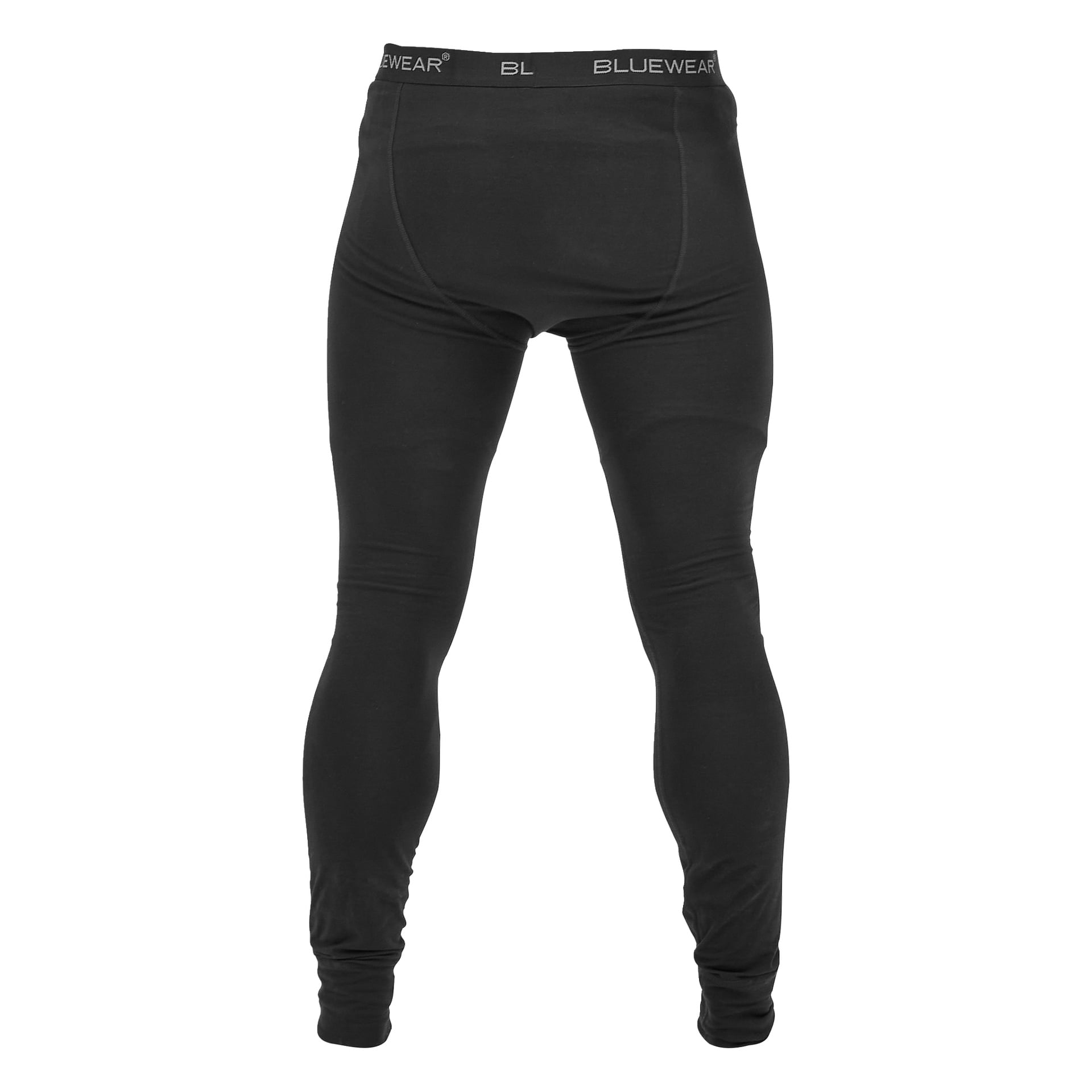Ett par svarta termoleggings med synlig resår i midjan och ordet BLUEWEAR tryckt på framsidan mot en vit bakgrund.