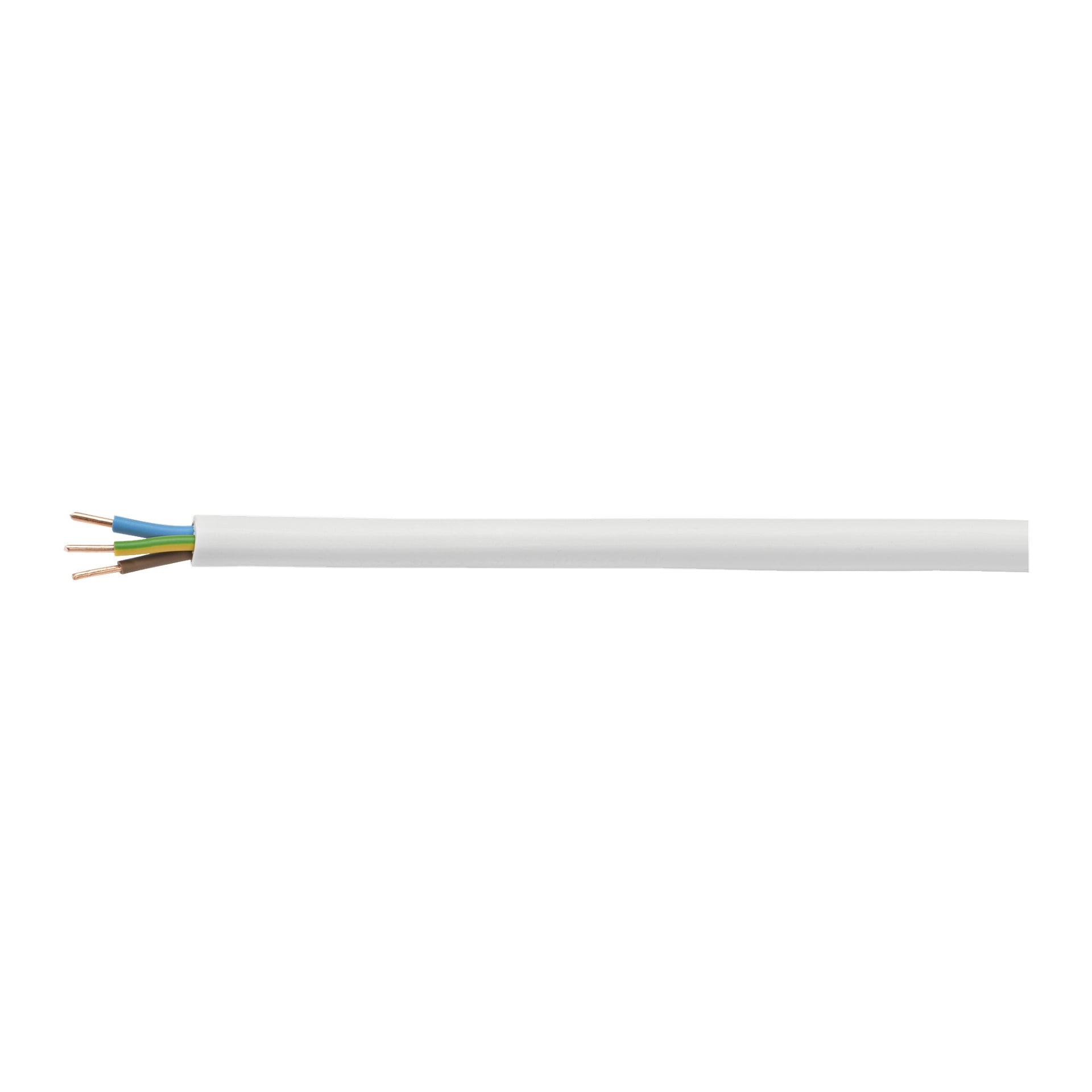 Zbliżenie kabla elektrycznego AKS Zielonka z izolacją PVC pokazuje trzy odsłonięte przewody miedziane, każdy z charakterystyczną niebiesko-żółto-zieloną i brązową izolacją.