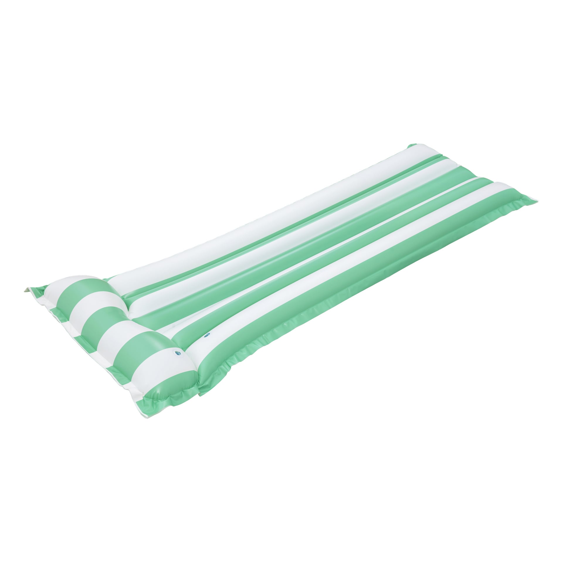 Bestway Cabana Stripe Floating Mat har gröna och vita ränder samt en integrerad kudde för extra komfort.