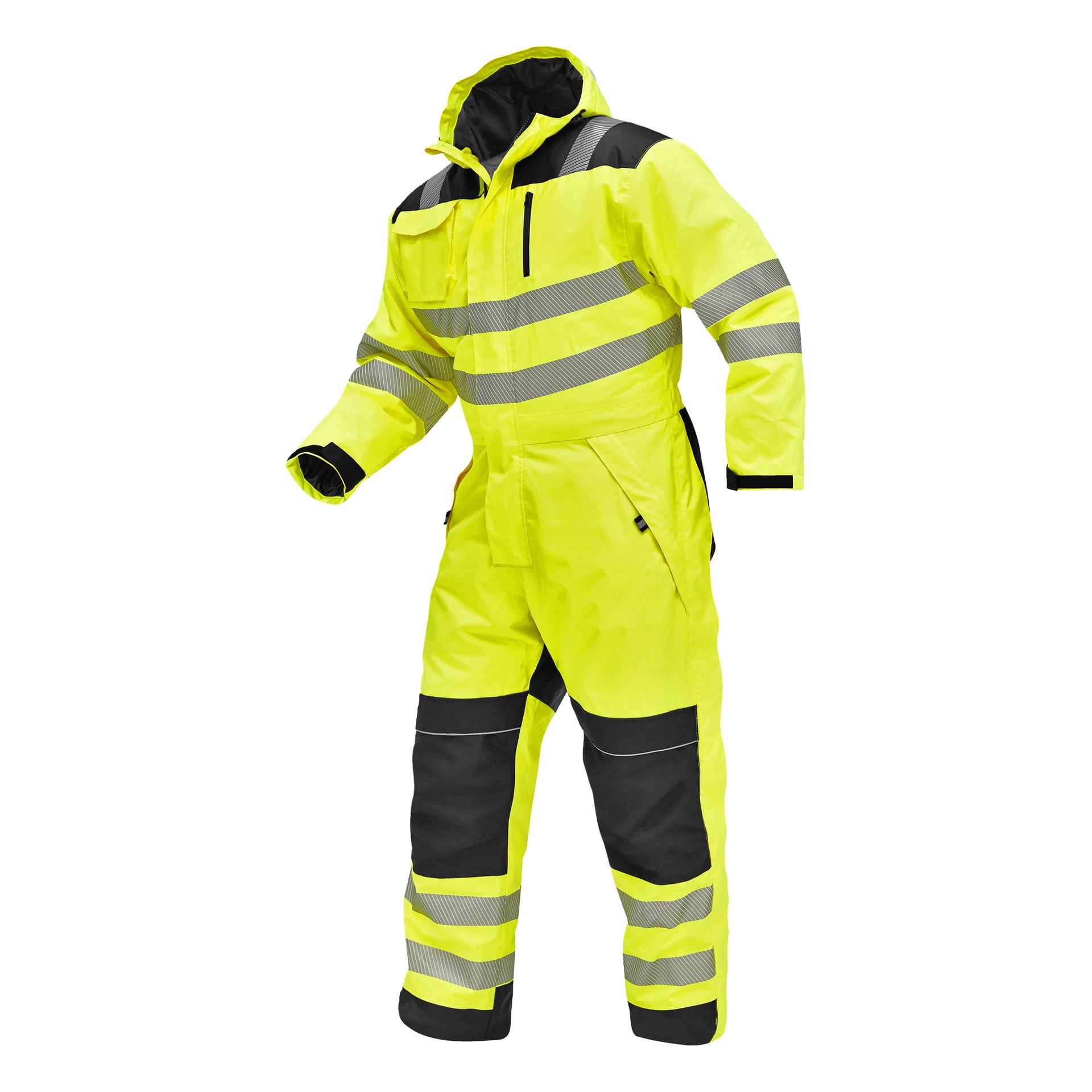 En gul varseloverall i ett stycke med reflekterande silverränder och svarta förstärkta områden på armar, ben och axlar mot en vit bakgrund.