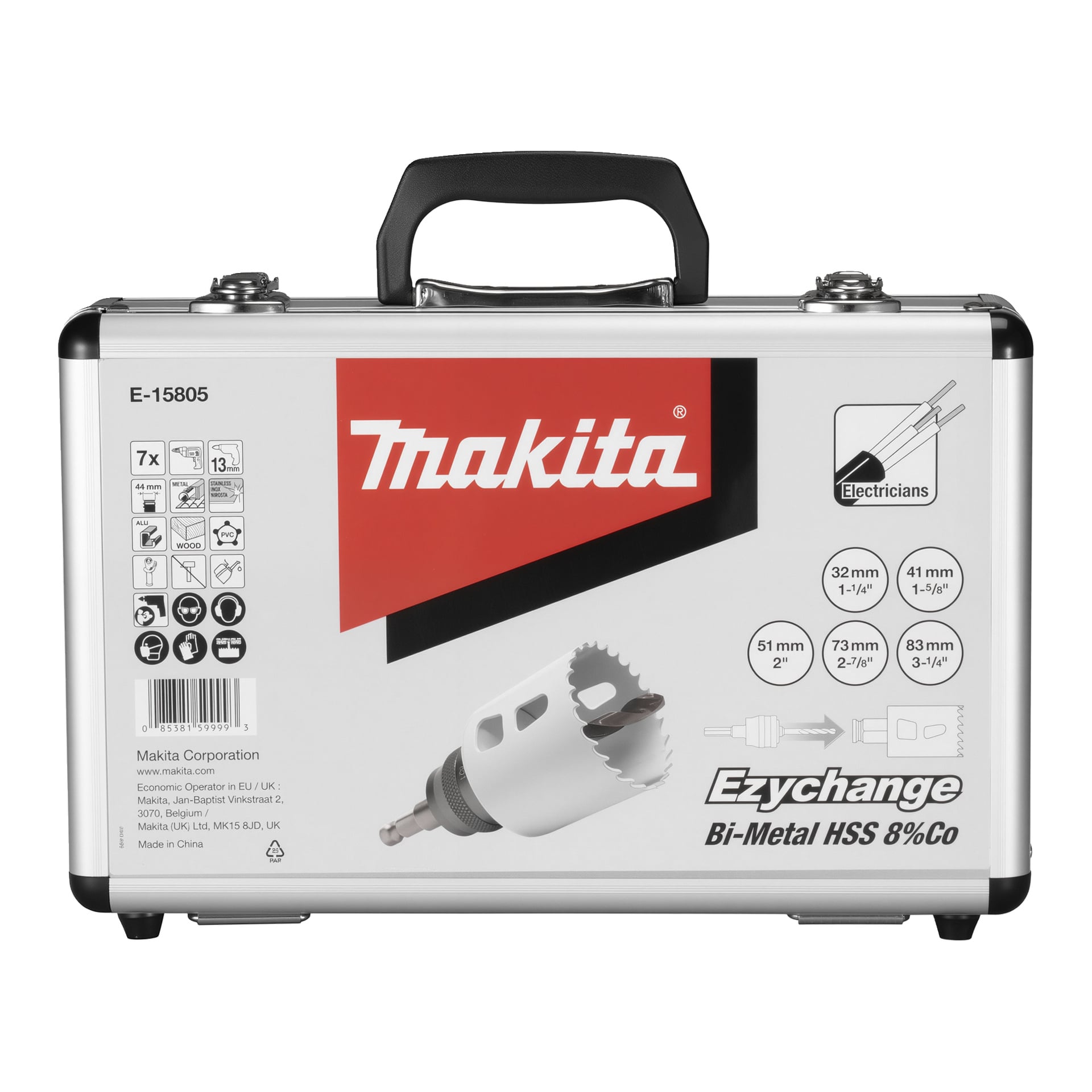 Ein silberner Tragekoffer mit schwarzem Griff, auf dem das Makita-Logo und Produktdetails für ein Ezychange Bi-Metal HSS 8% Co Lochsägenset abgebildet sind, einschließlich empfohlener Anwendungen für Elektriker und Größenangaben.
