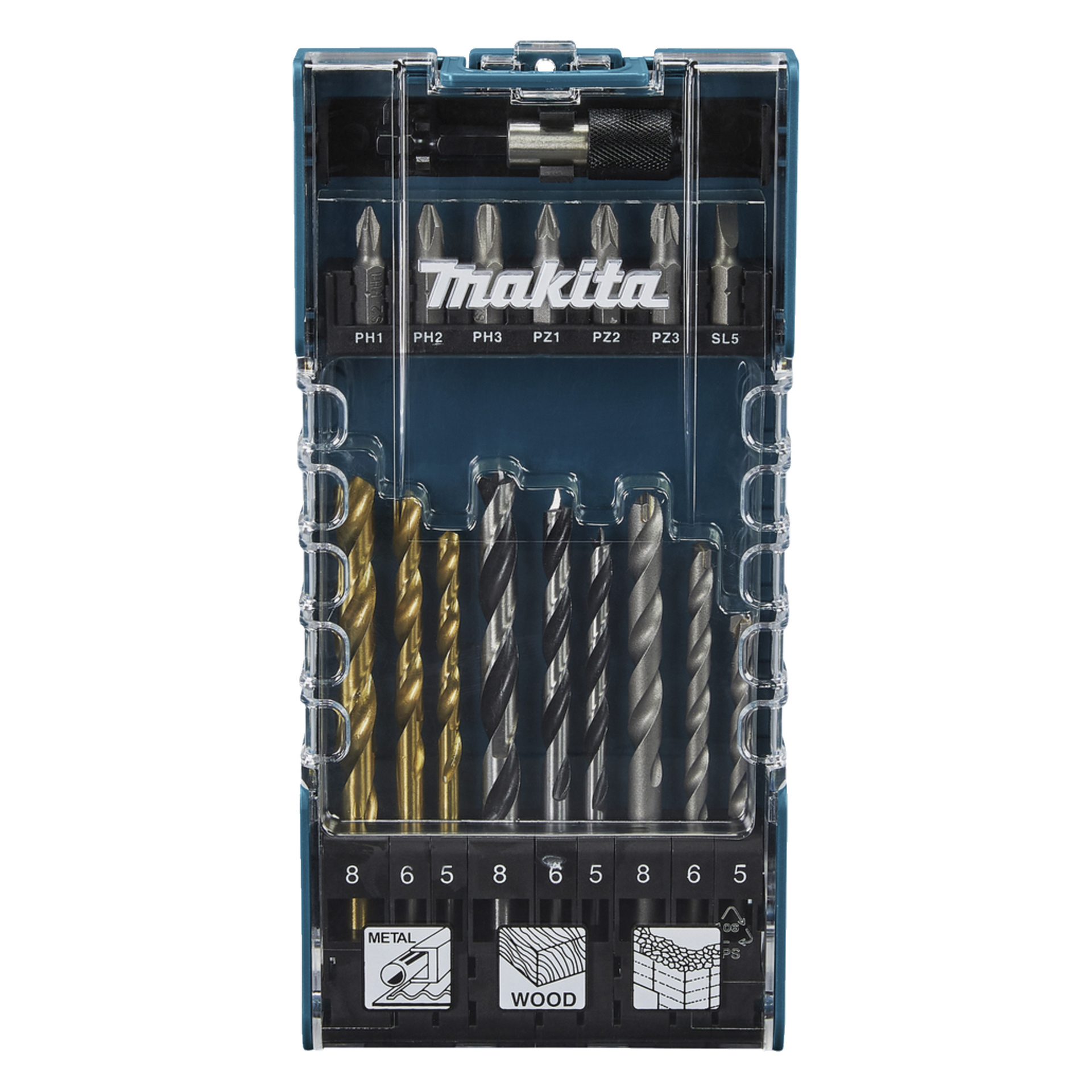 Ein Makita Bohrer- und Schraubendreher-Bit-Set in einem transparenten Koffer, mit verschiedenen Bits, die ordentlich in beschrifteten Schlitzen für Metall und Holz angeordnet sind.