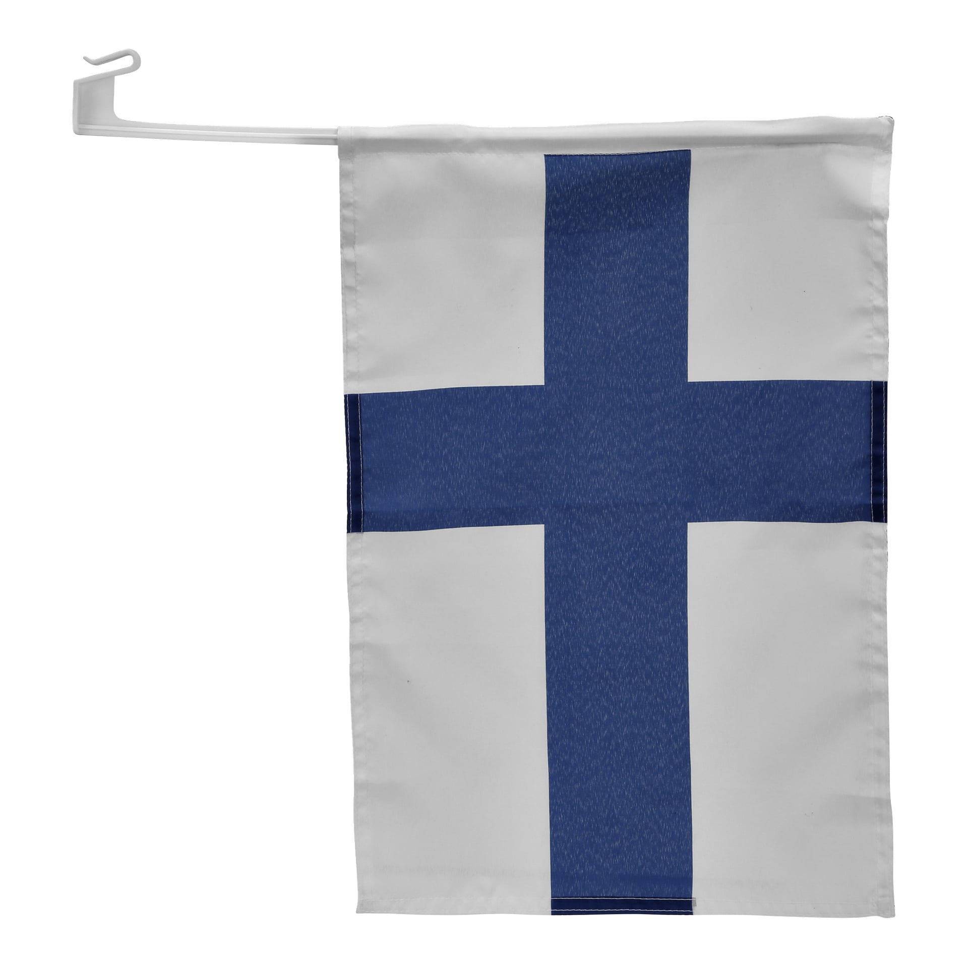 En vit flagga med ett blått nordiskt kors fäst på en vit plaststång med krok, avsedd för montering på ett bilfönster.