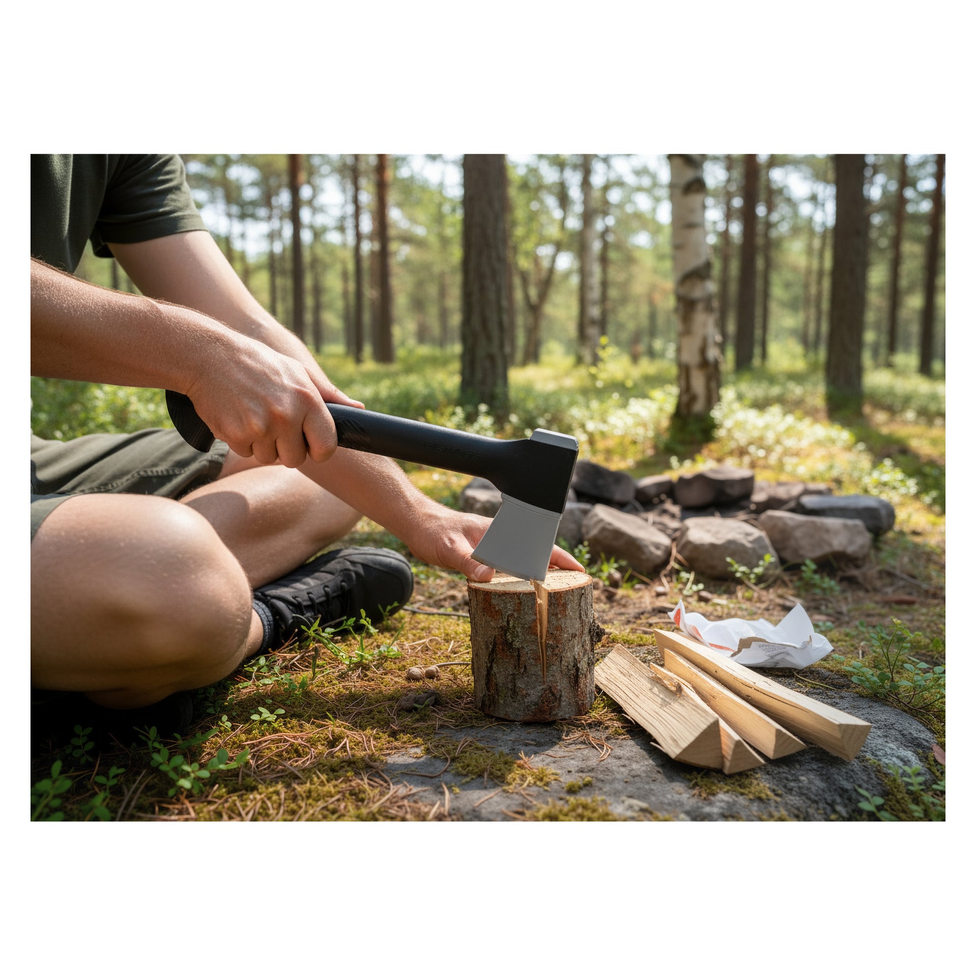 En person står på knä på marken i en skog och använder en yxa för att klyva en liten stock. I närheten finns klyvda träbitar, papper och en cirkel av stenar, troligen till en lägereld. Solljuset silar genom träden.