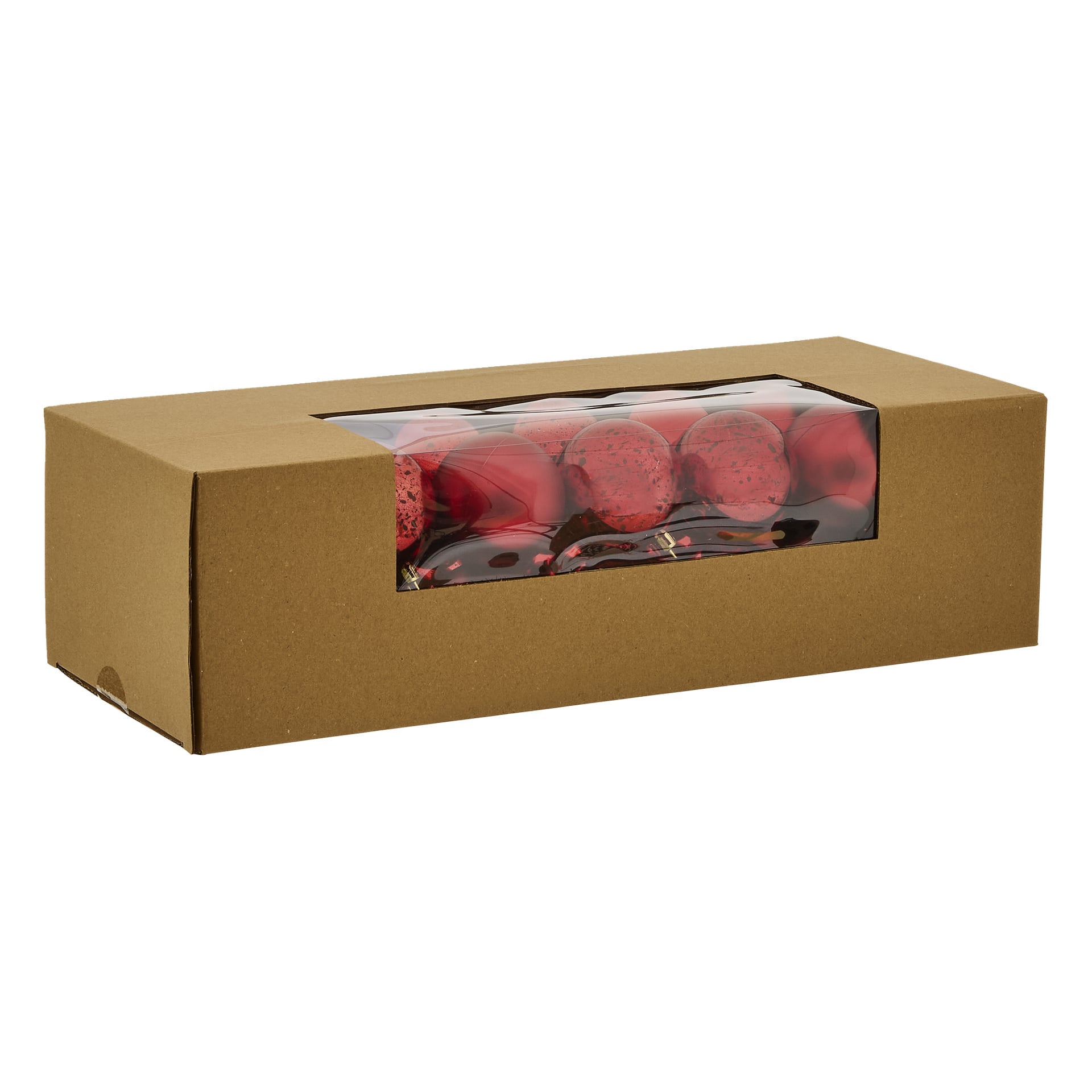 En rektangulär brun kartong med ett genomskinligt plastfönster på ovansidan visar flera röda macarons i en rad inuti kartongen.