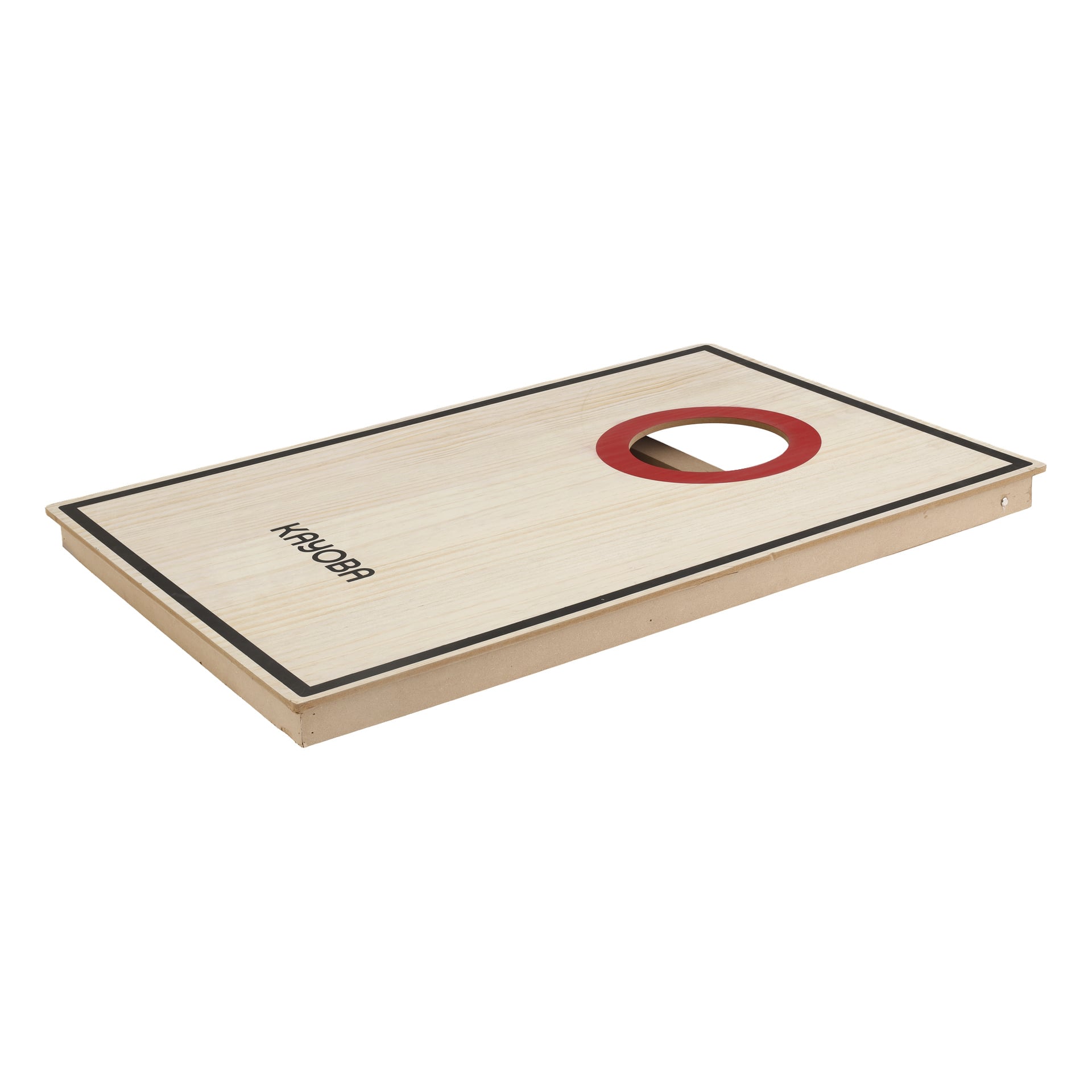 Rektangulärt cornhole-spelbräde i trä med en röd ring runt det cirkulära hålet i ena änden och ordet KAYOBA tryckt på ytan. Brädet har en ljus träfinish och en svart kant.