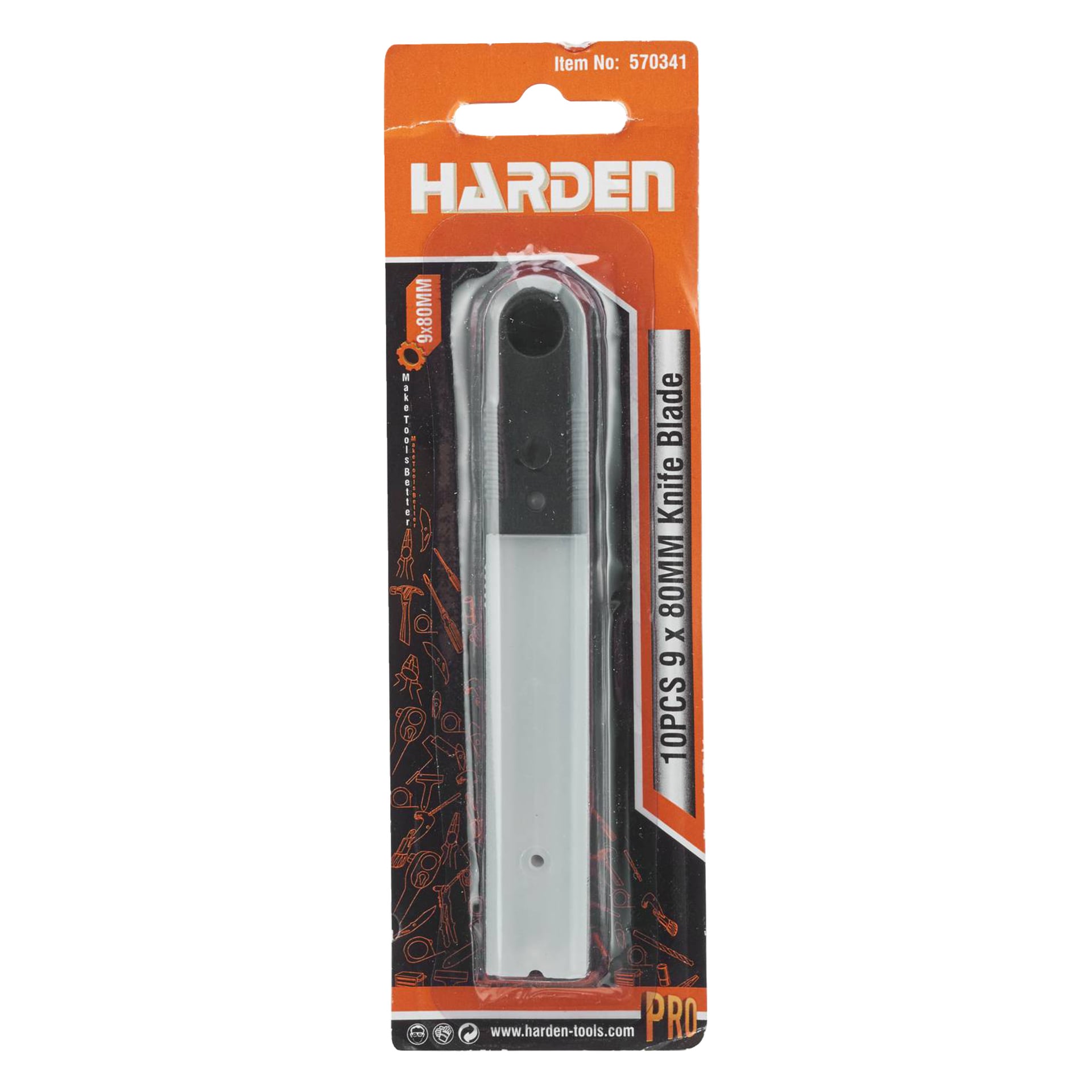 Her vises en pakke med Harden 10 stk. 9 x 80 mm knivblader, med et gjennomsiktig plastvindu som viser knivene og oransje og svart varemerke med varenummer 570341.