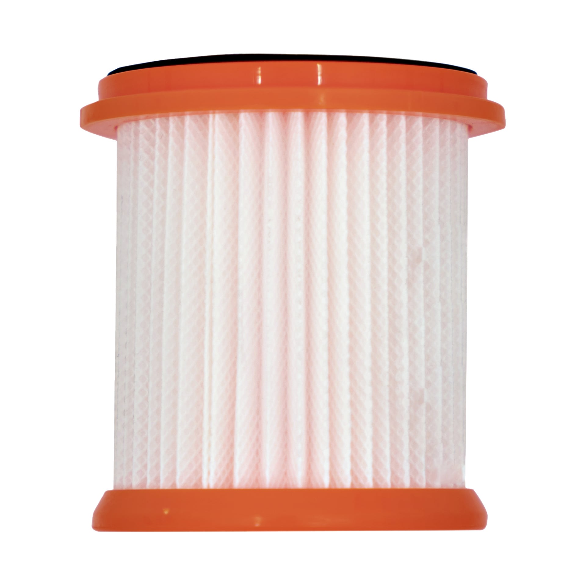 Ett HEPA-filter för en upprätt dammsugare, med veckat vitt material och orange plaständlock.