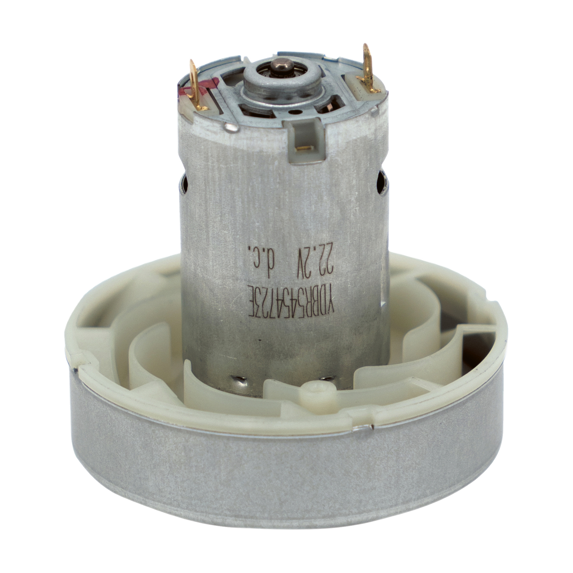 Dammsugarmotor med cylindriskt metallhölje, fyra övre terminaler, vit bas med metalldelar och specifikationer märkta på sidan.