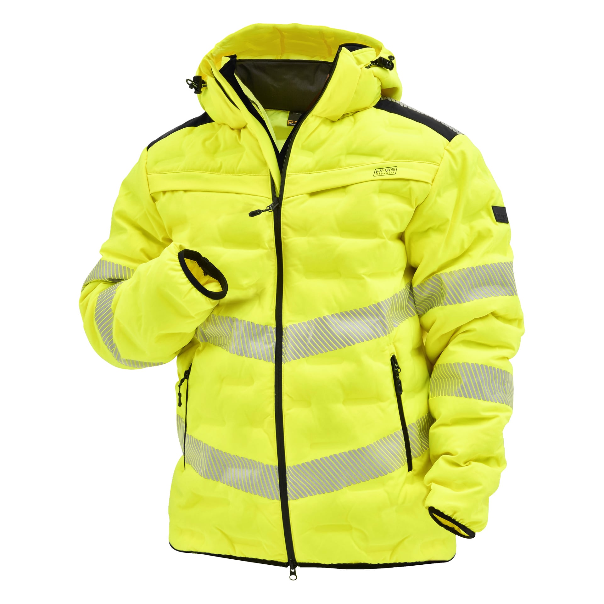 En gul pufferjacka med hög synlighet och silverreflekterande ränder över bröstet, armarna och midjan. Jackan har huva, svart dragkedja och svarta detaljer. En ärm är instoppad innanför kroppen.