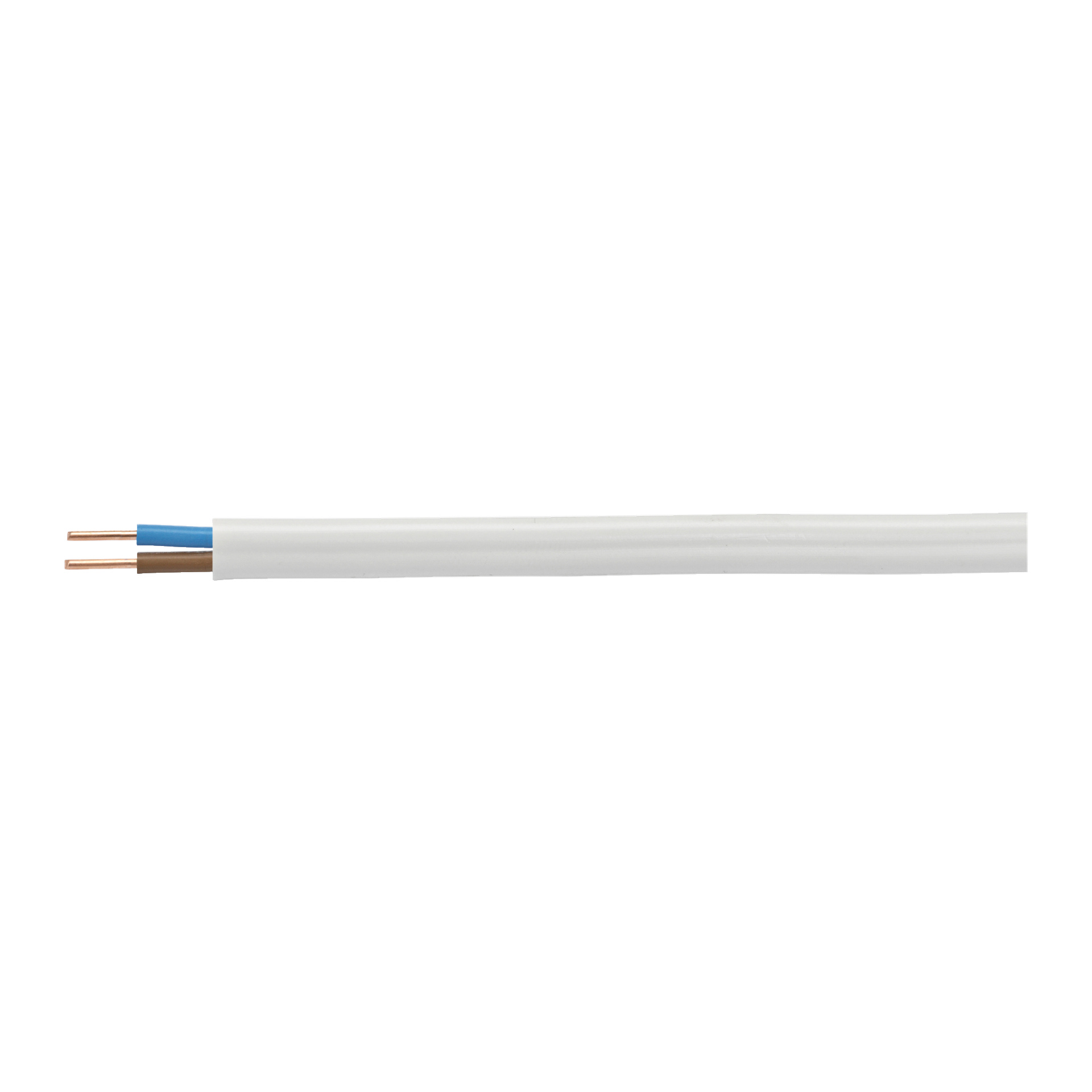 Zbliżenie na kabel YDYp AKS Zielonka Flat z białą warstwą zewnętrzną i dwoma widocznymi przewodami miedzianymi, z których jeden jest pokryty niebieską izolacją, a drugi brązowy.