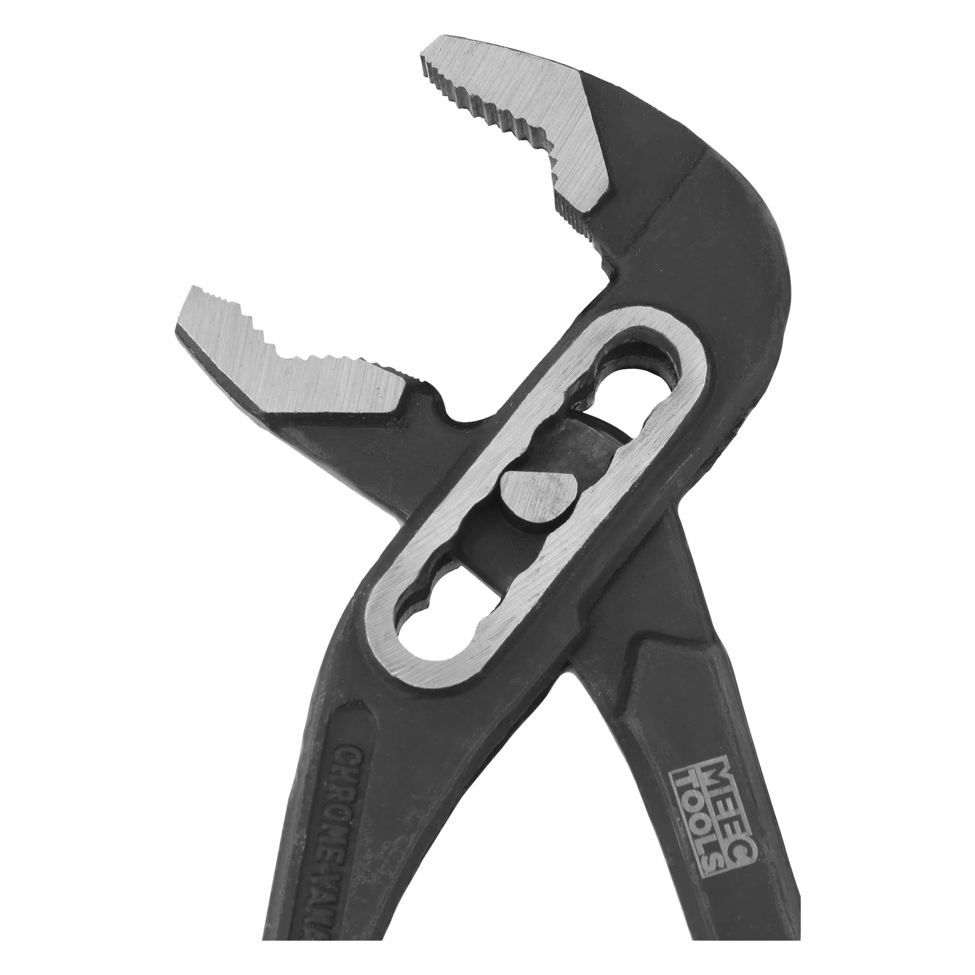 Närbild av justerbar spårledstång med vassa tandade käftar och svart handtag. Verktyget är märkt Meec Tools och har en synlig justeringsmekanism.