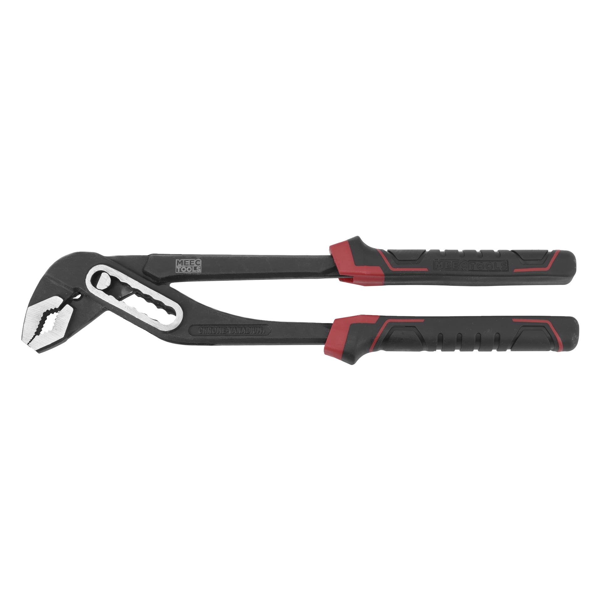 En svart och röd justerbar spårledstång med strukturerade grepp och tandade käftar, märkt Meec Tools på handtaget.