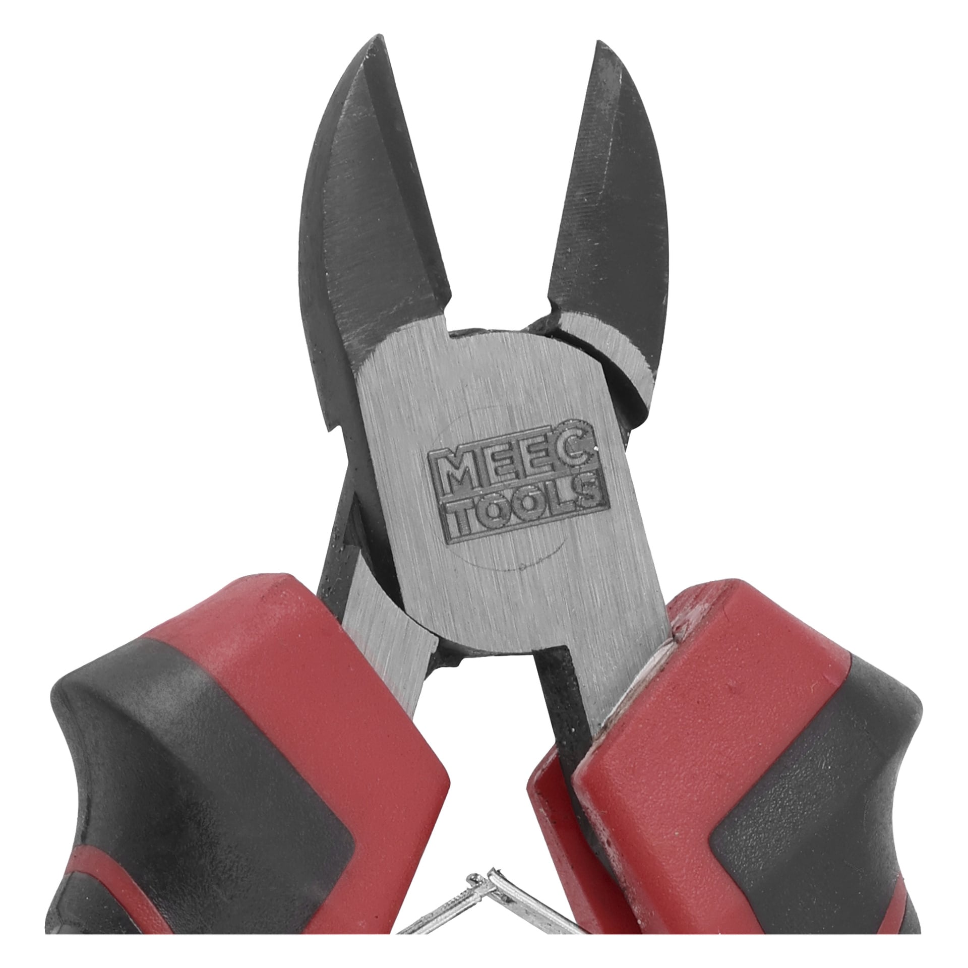 Närbild på en avbitartång med svarta och röda handtag. Skärkanterna är öppna och varumärket Meec Tools är ingraverat i metallen.