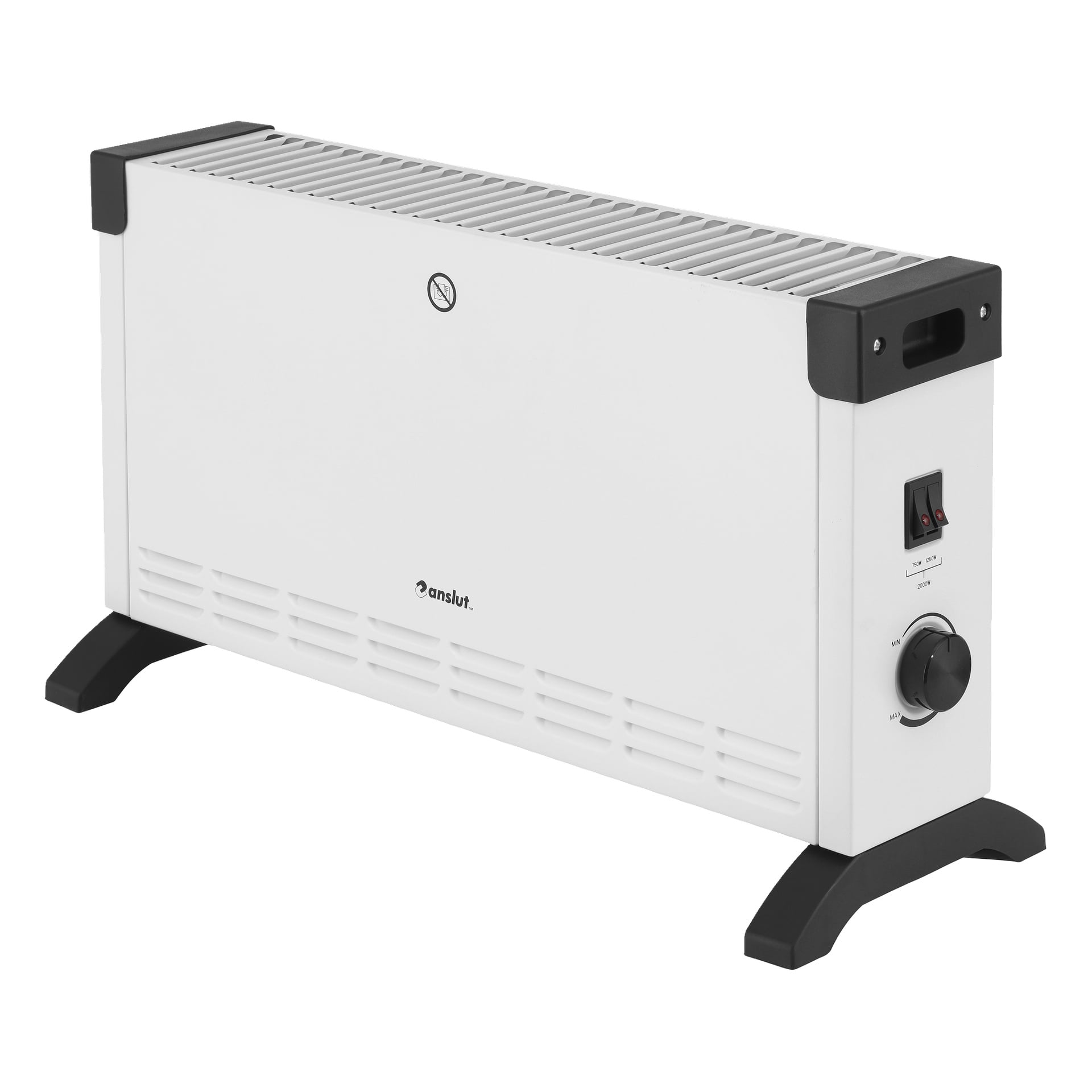 En vit elektrisk konvektionsvärmare med svarta fötter och hörn, strömbrytare, temperaturreglage, ventilationsöppningar och en rökförbudssymbol på ovansidan. Varumärket Ansul är tryckt på framsidan.