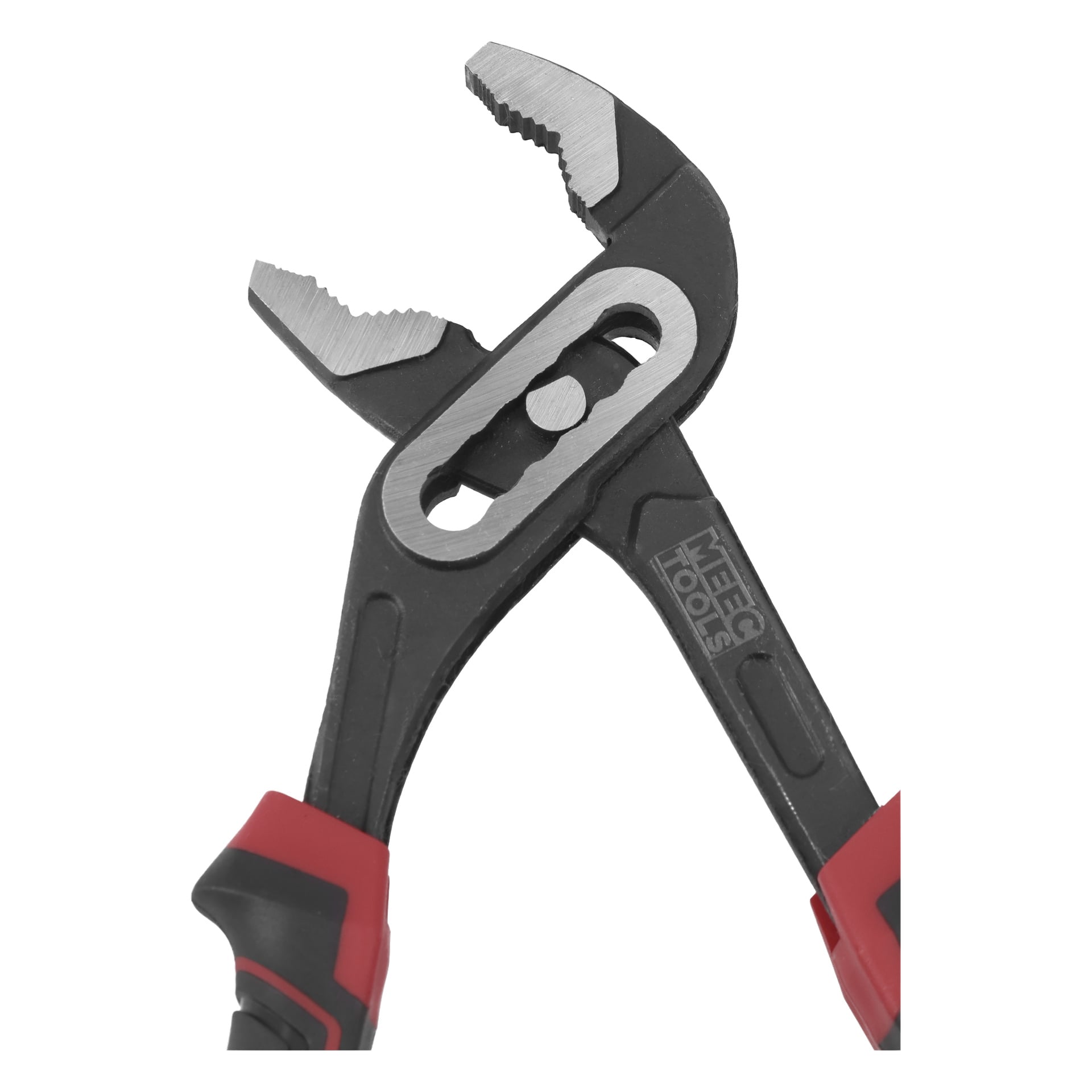 Närbild av en justerbar spårledstång med svarta handtag och röda grepp, som visar metallbackarna och justeringsmekanismen. Verktyget är märkt med MEEEG TOOLS på ena handtaget.