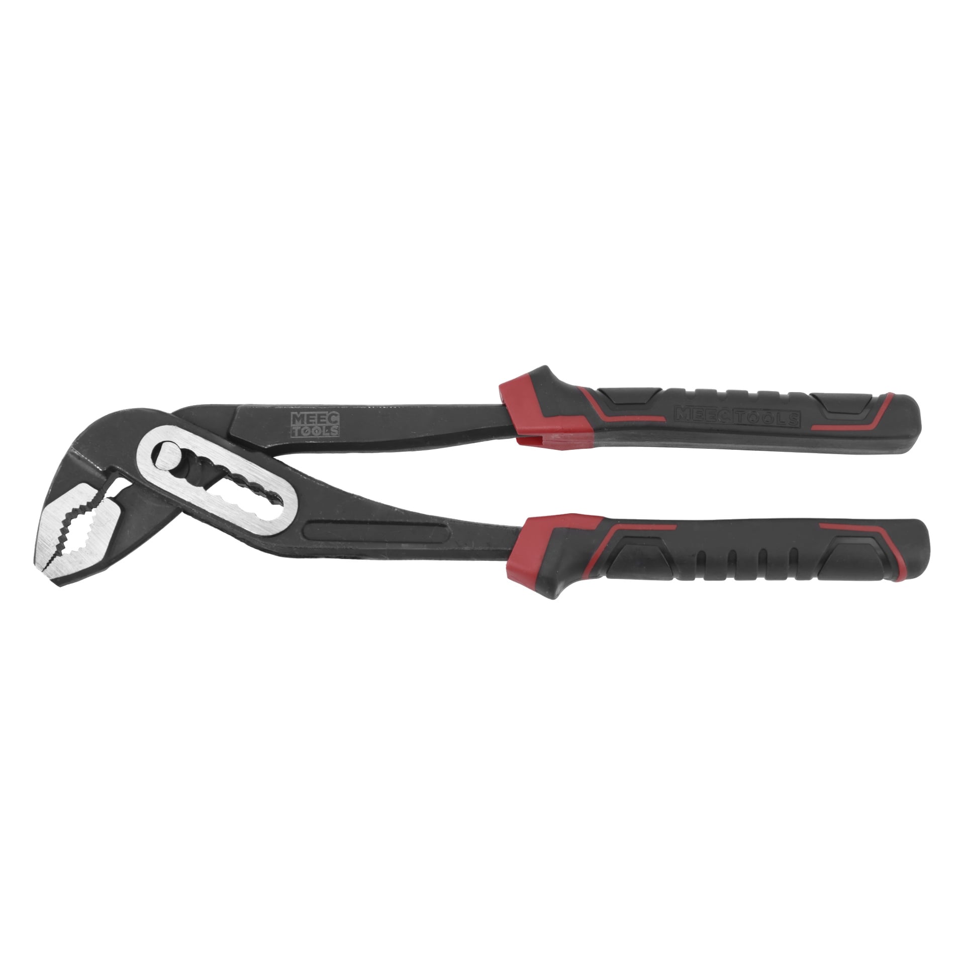 En svart och röd justerbar spårtång med texturerat grepp och Meec Tools-märket på det övre handtaget.